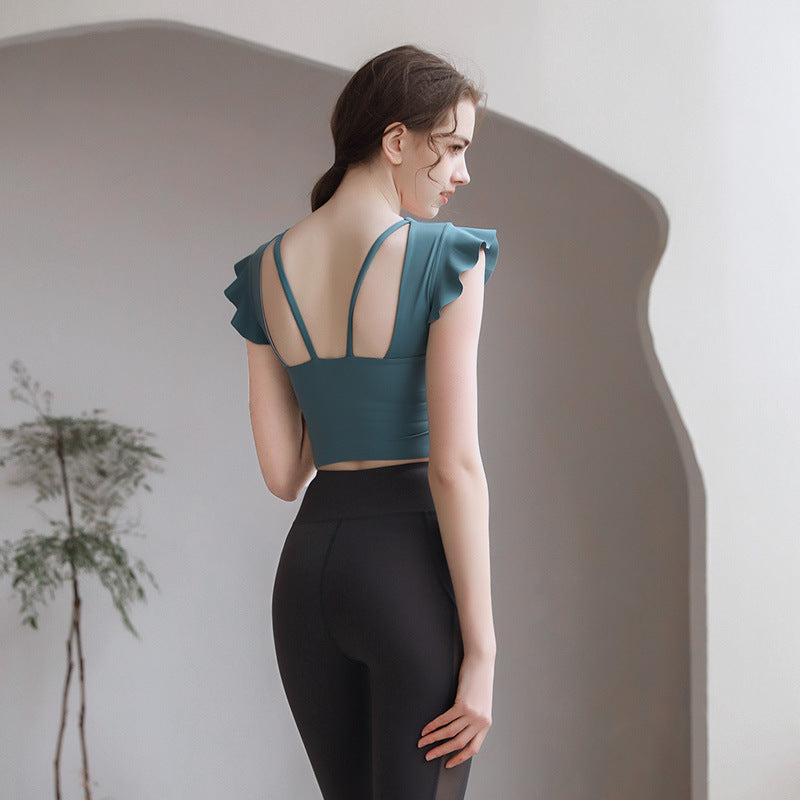 フリル袖 胸パッド付 半袖ヨガトップス