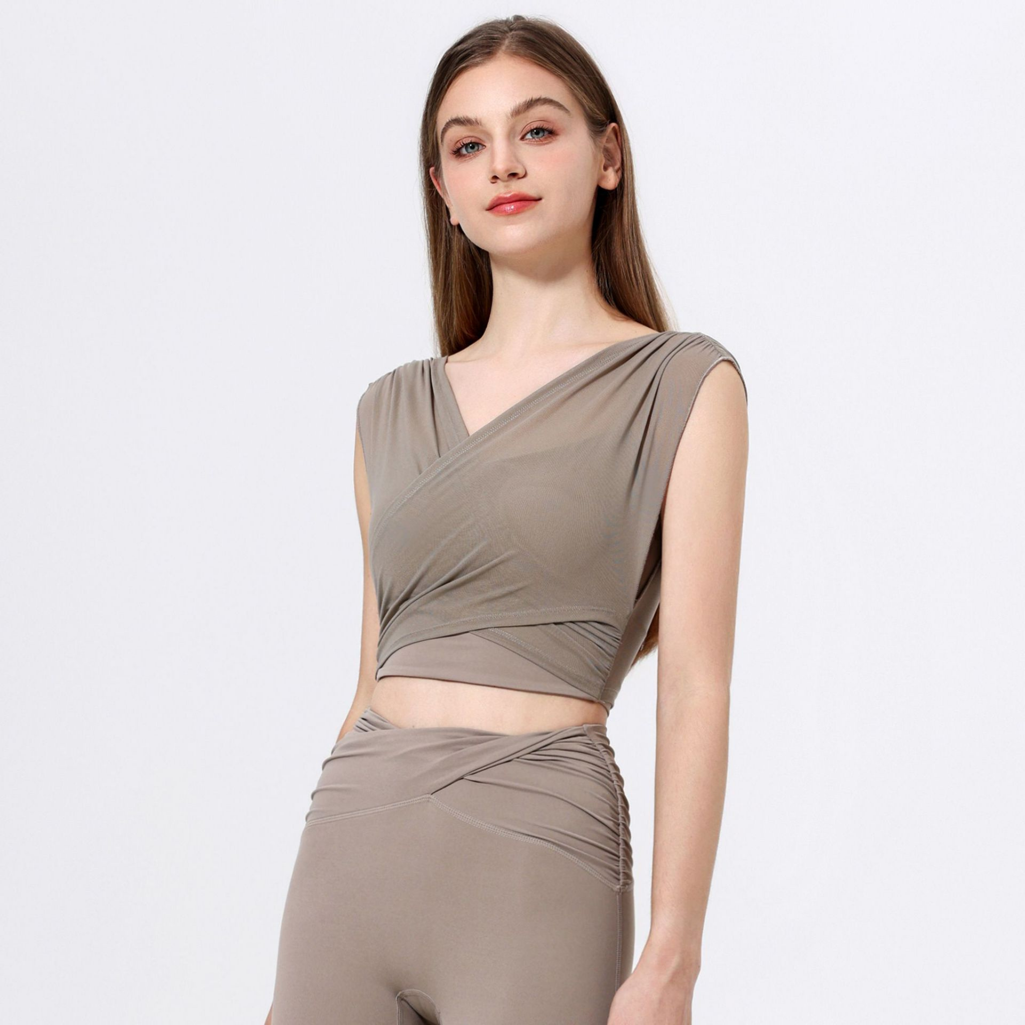 胸パッド付 メッシュフェイクツーピース 半袖 ヨガトップス