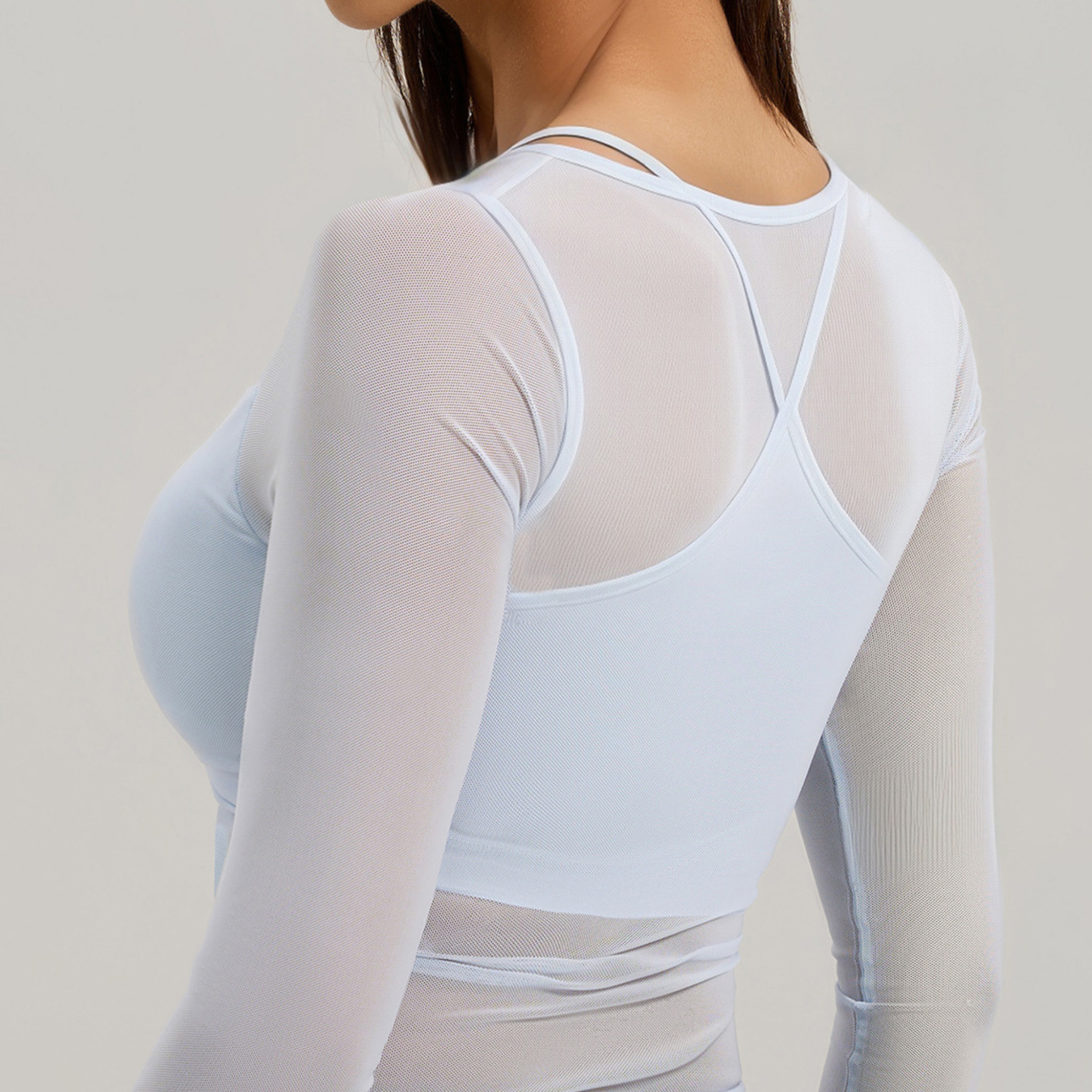 胸パッド付 フェイクツーピース 長袖ラップトップス