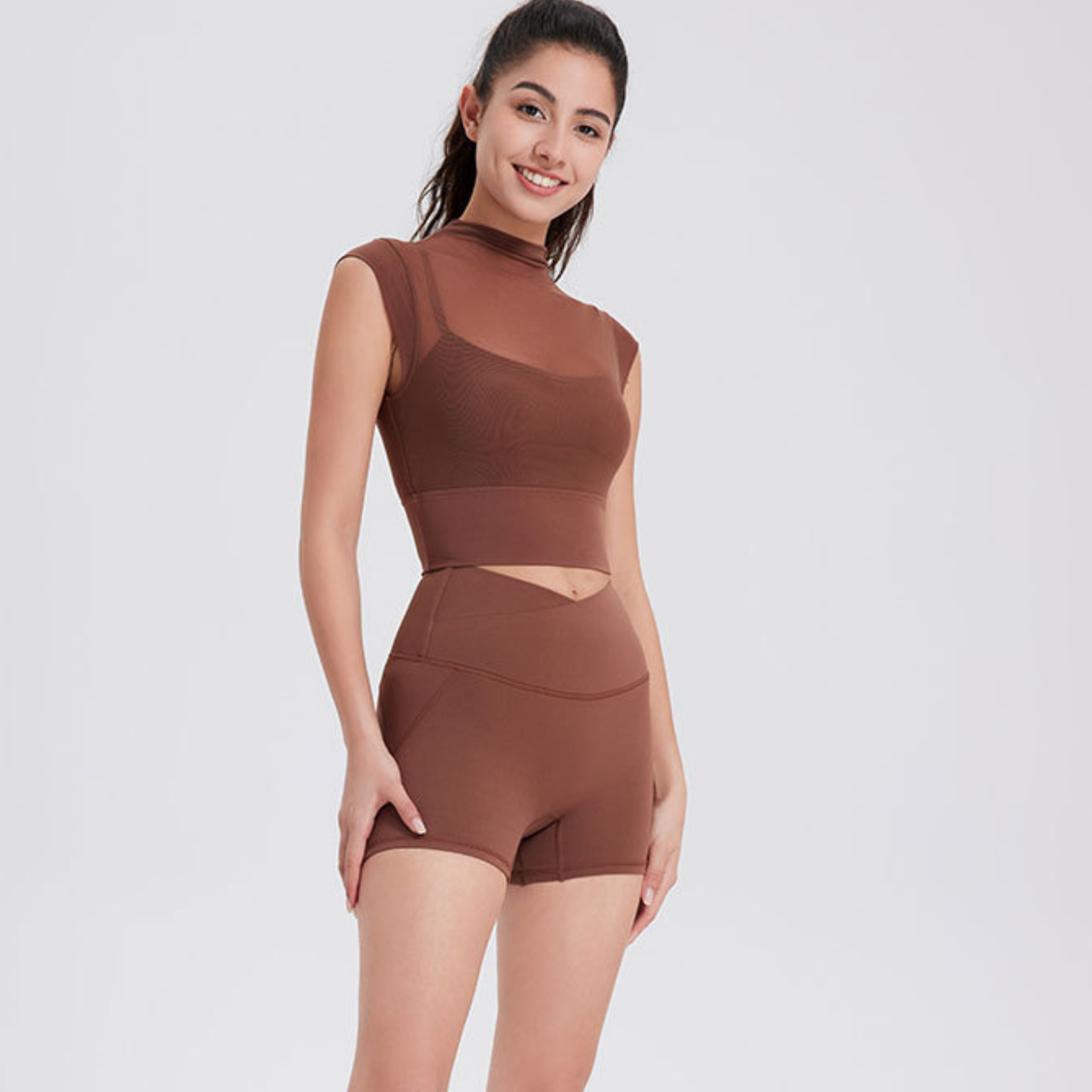 シースルー フェイクツーピース ハイネック スポーツブラ