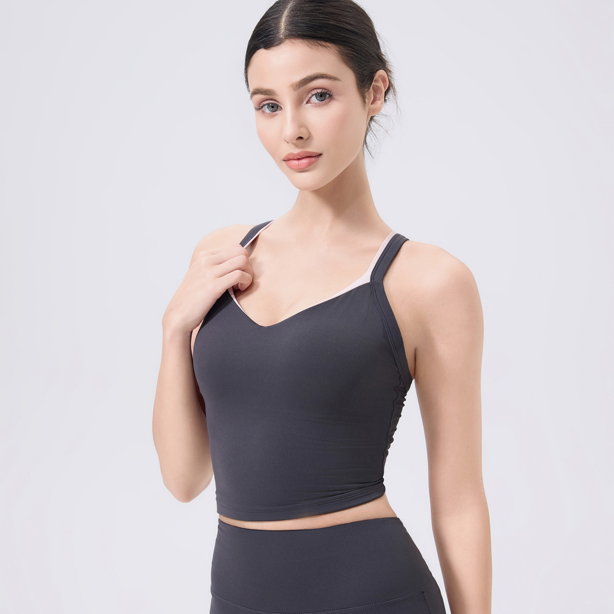 Vネック カラーフェイクツーピース スポーツブラ