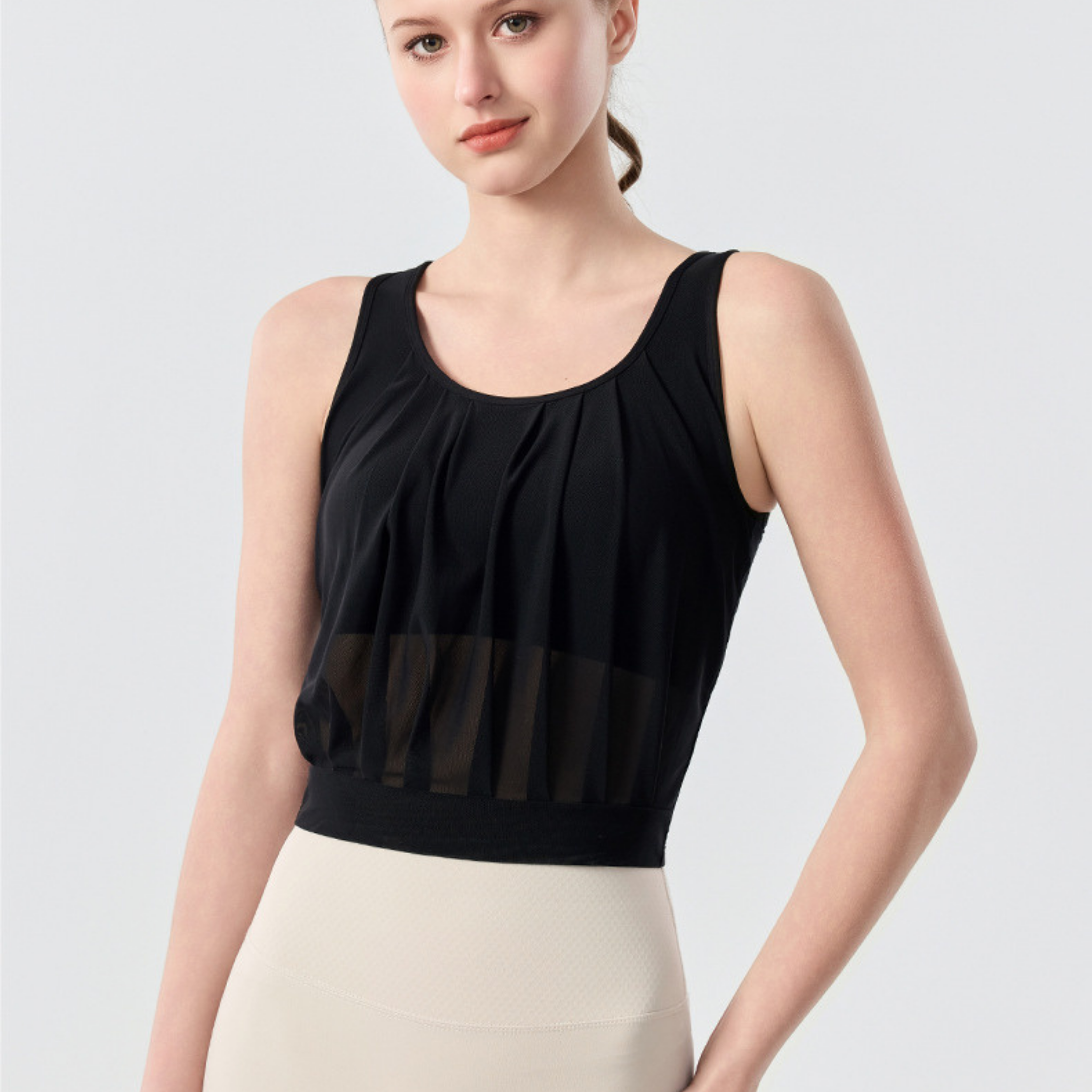 Uネック プリーツメッシュ タンクトップ