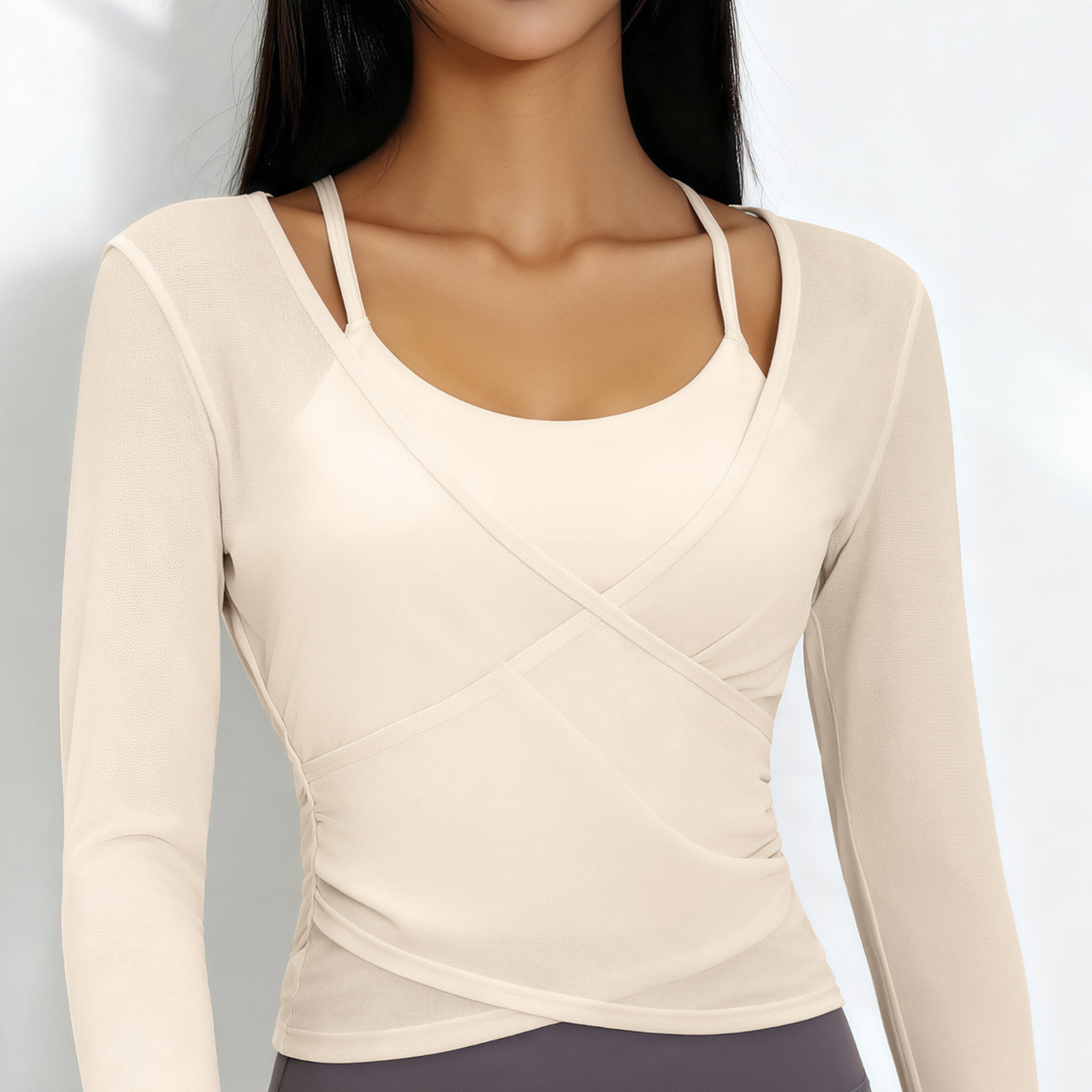 胸パッド付 フェイクツーピース 長袖ラップトップス