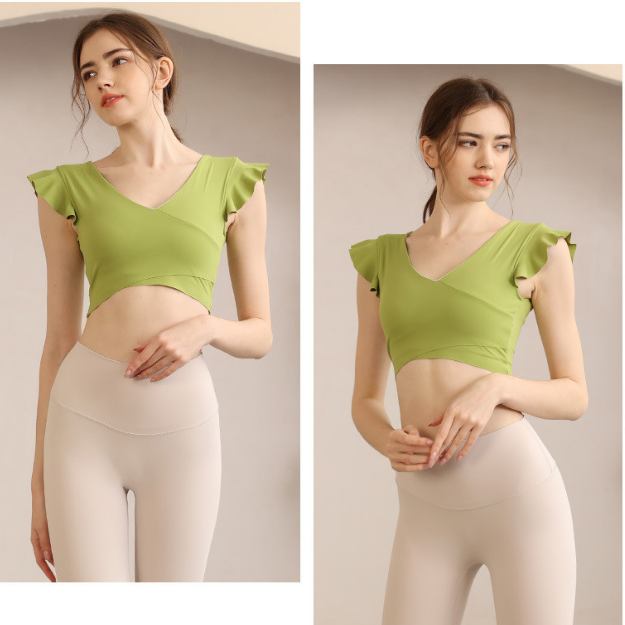 フリル袖 胸パッド付 半袖ヨガトップス