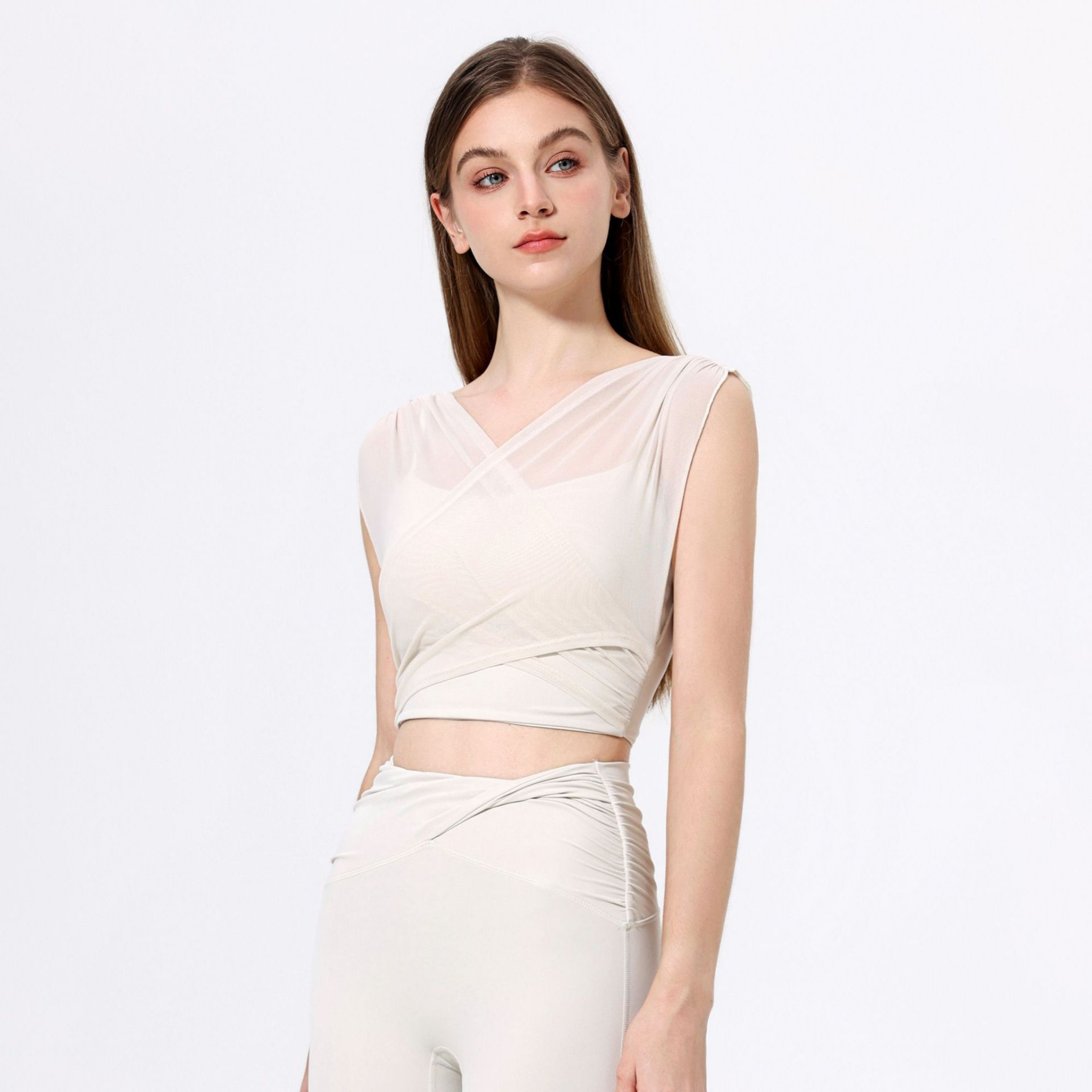 胸パッド付 メッシュフェイクツーピース 半袖 ヨガトップス