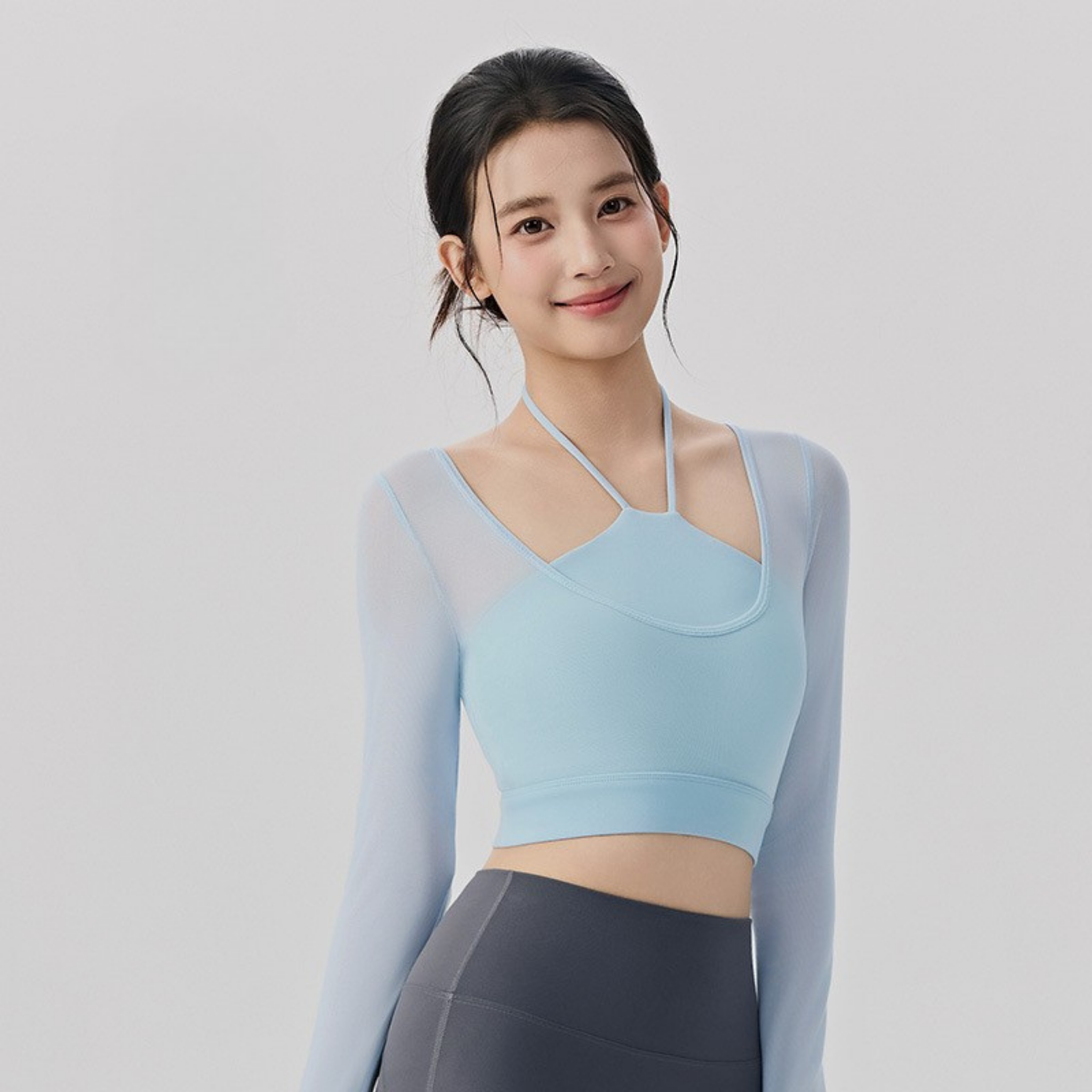 胸パッド付 フェイクツーピース ホルターネック 長袖トップス