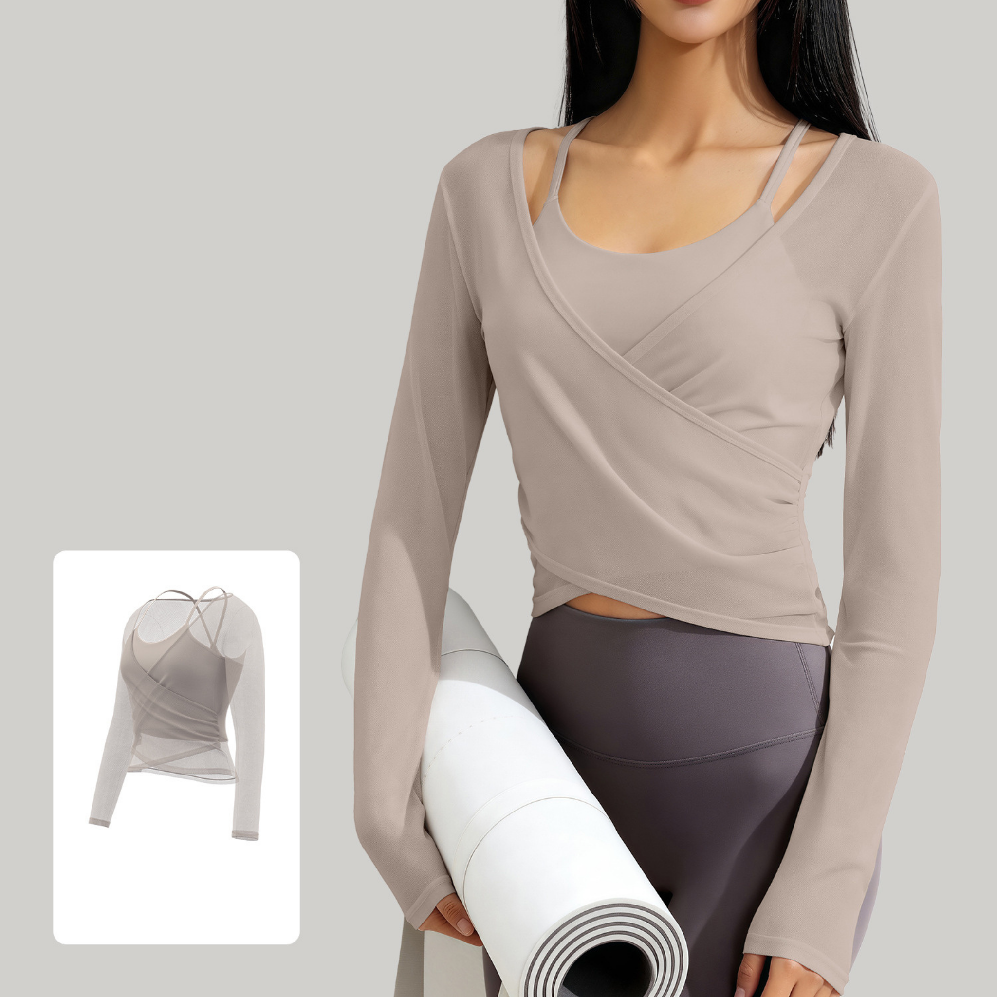 胸パッド付 フェイクツーピース 長袖ラップトップス