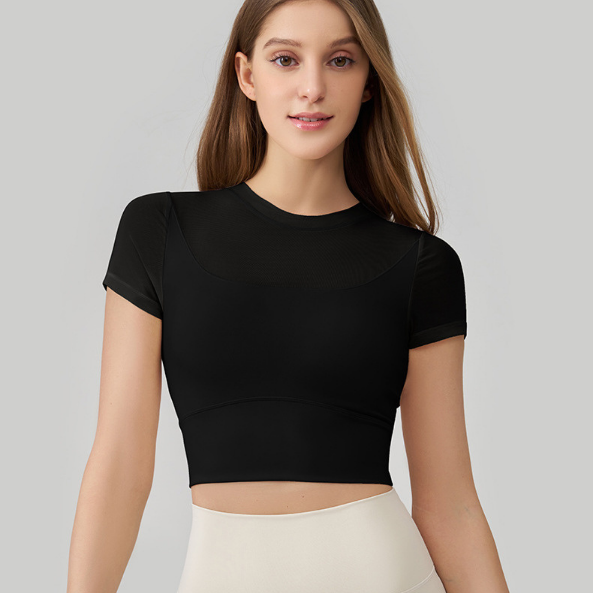 胸パッド付 シースルーメッシュ スリム半袖トップス