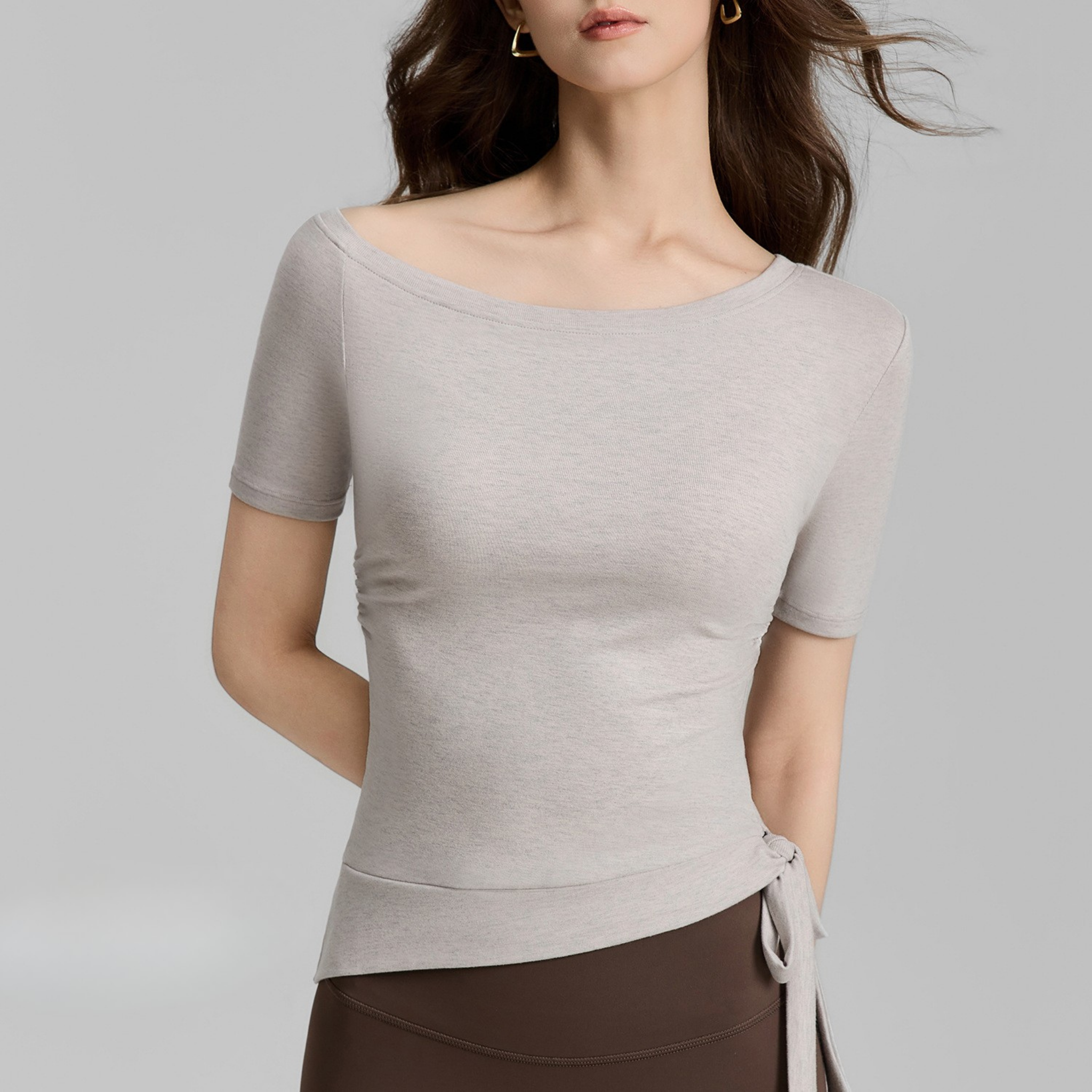 ワンショルダー リブ編み 半袖トップス