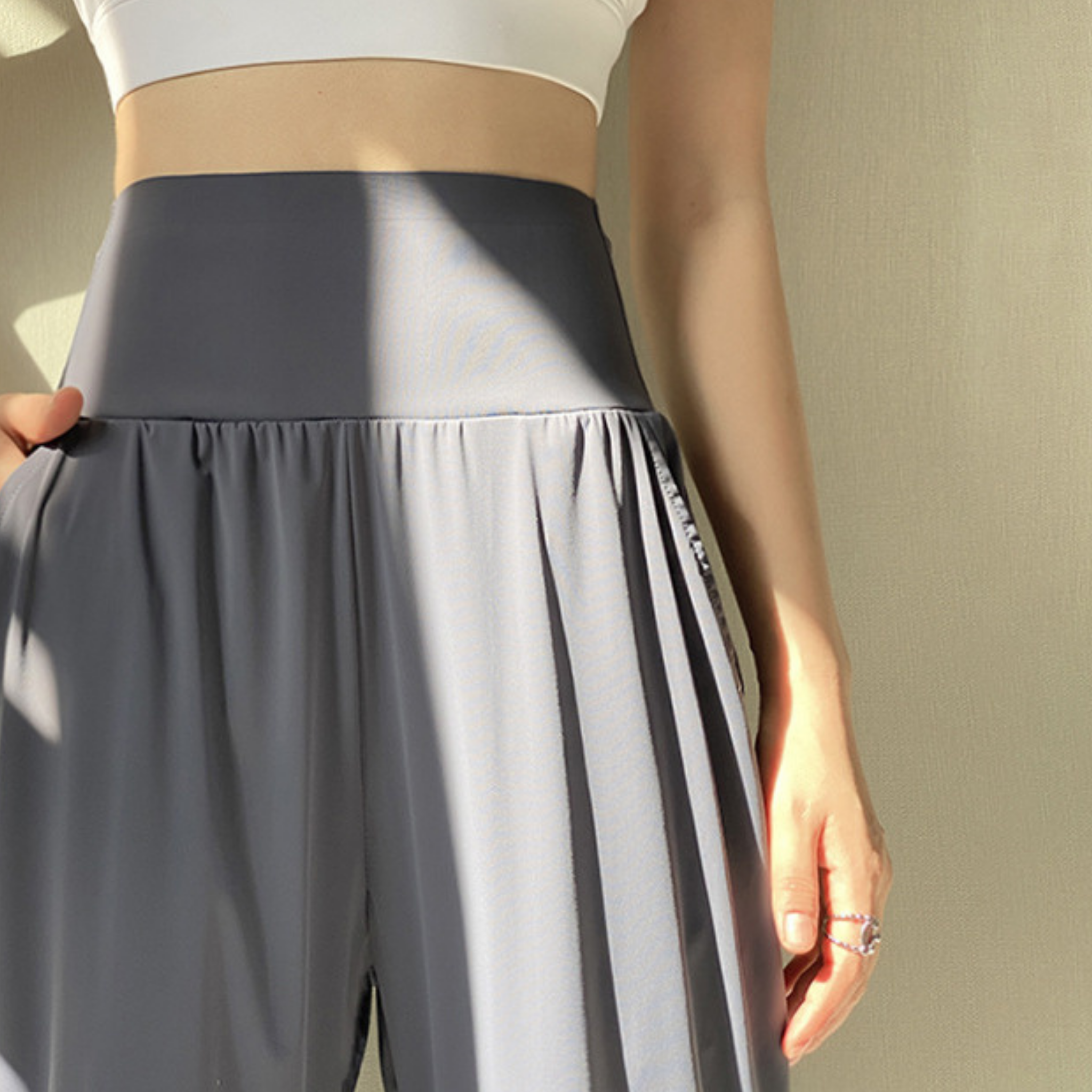 接触冷感 ハイウエスト ストレッチロングパンツ