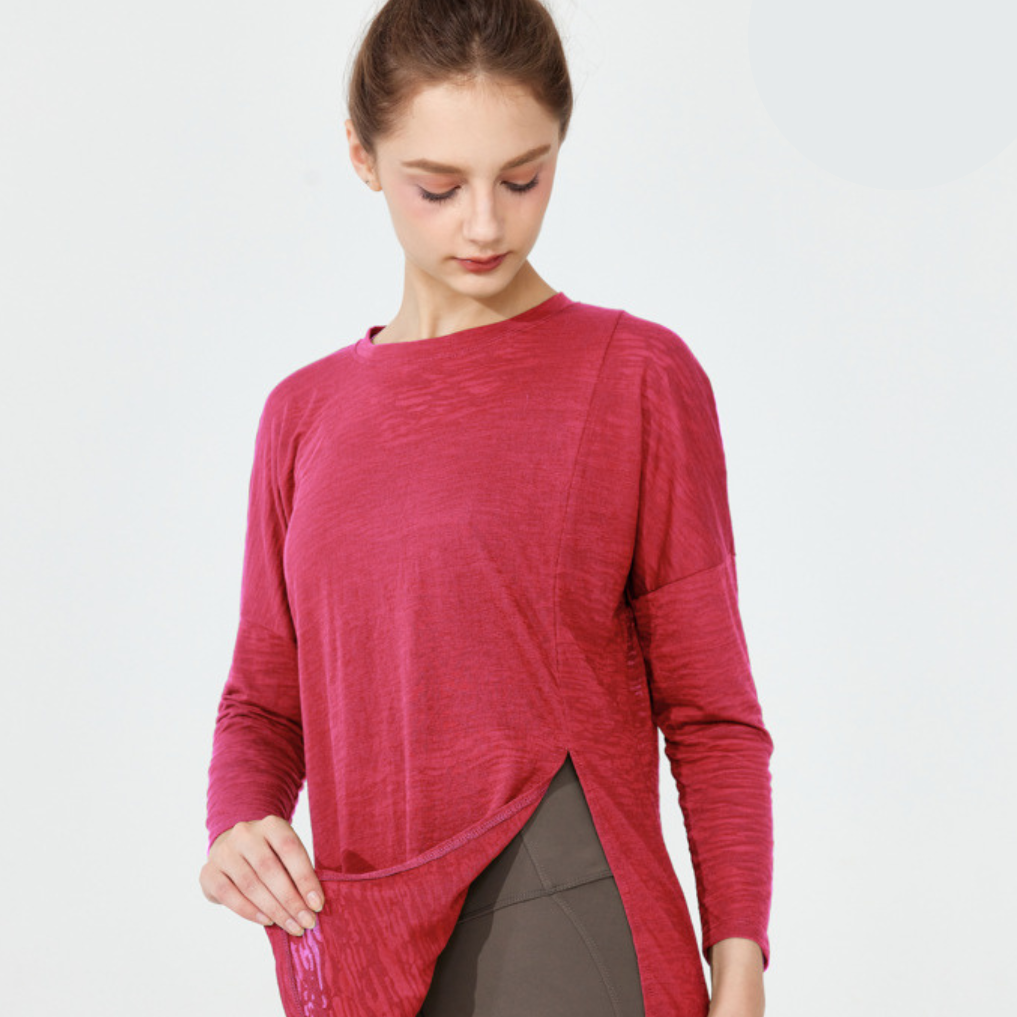 ルーズフィット サイドスリット ヨガ 長袖トップス