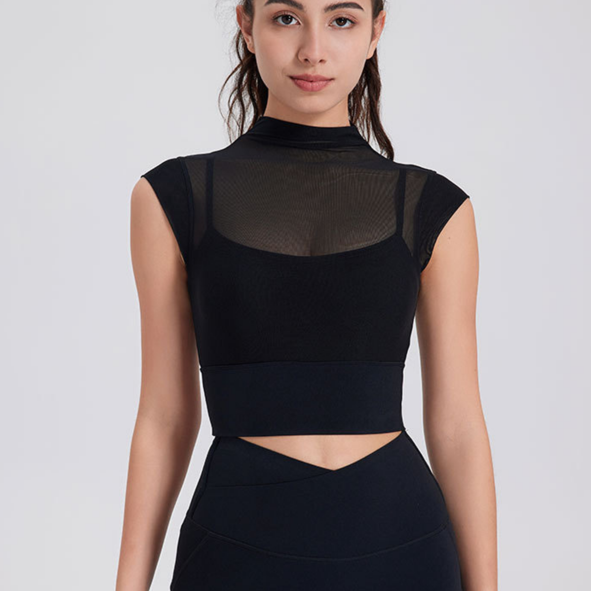 シースルー フェイクツーピース ハイネック スポーツブラ