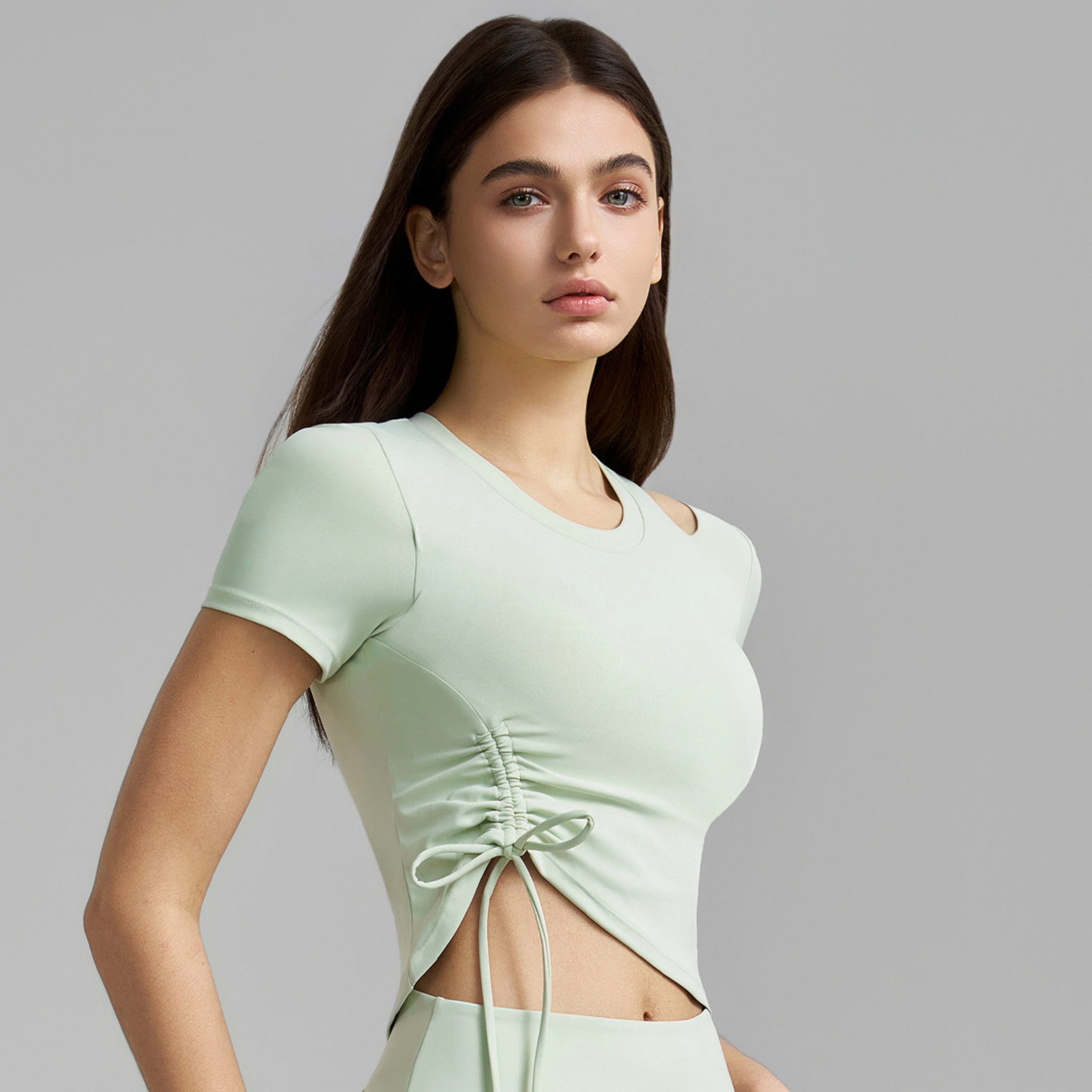 胸パッド付 ドローストリング クルーネック 半袖トップス