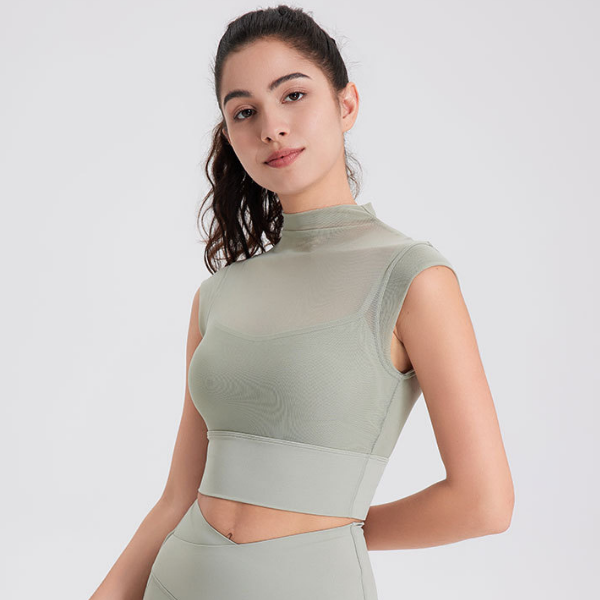 シースルー フェイクツーピース ハイネック スポーツブラ