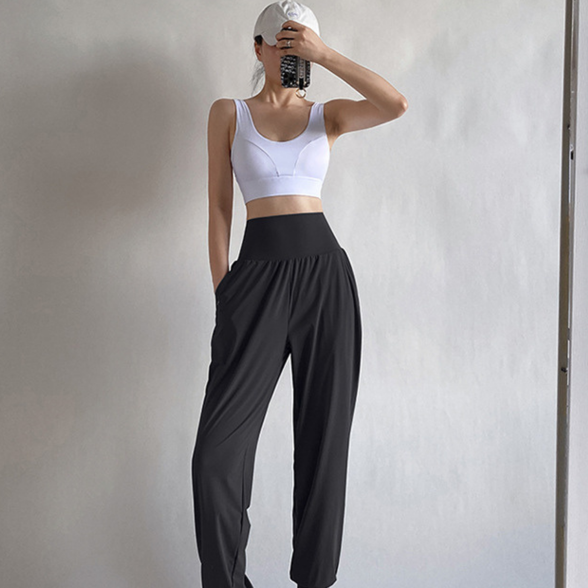 接触冷感 ハイウエスト ストレッチロングパンツ