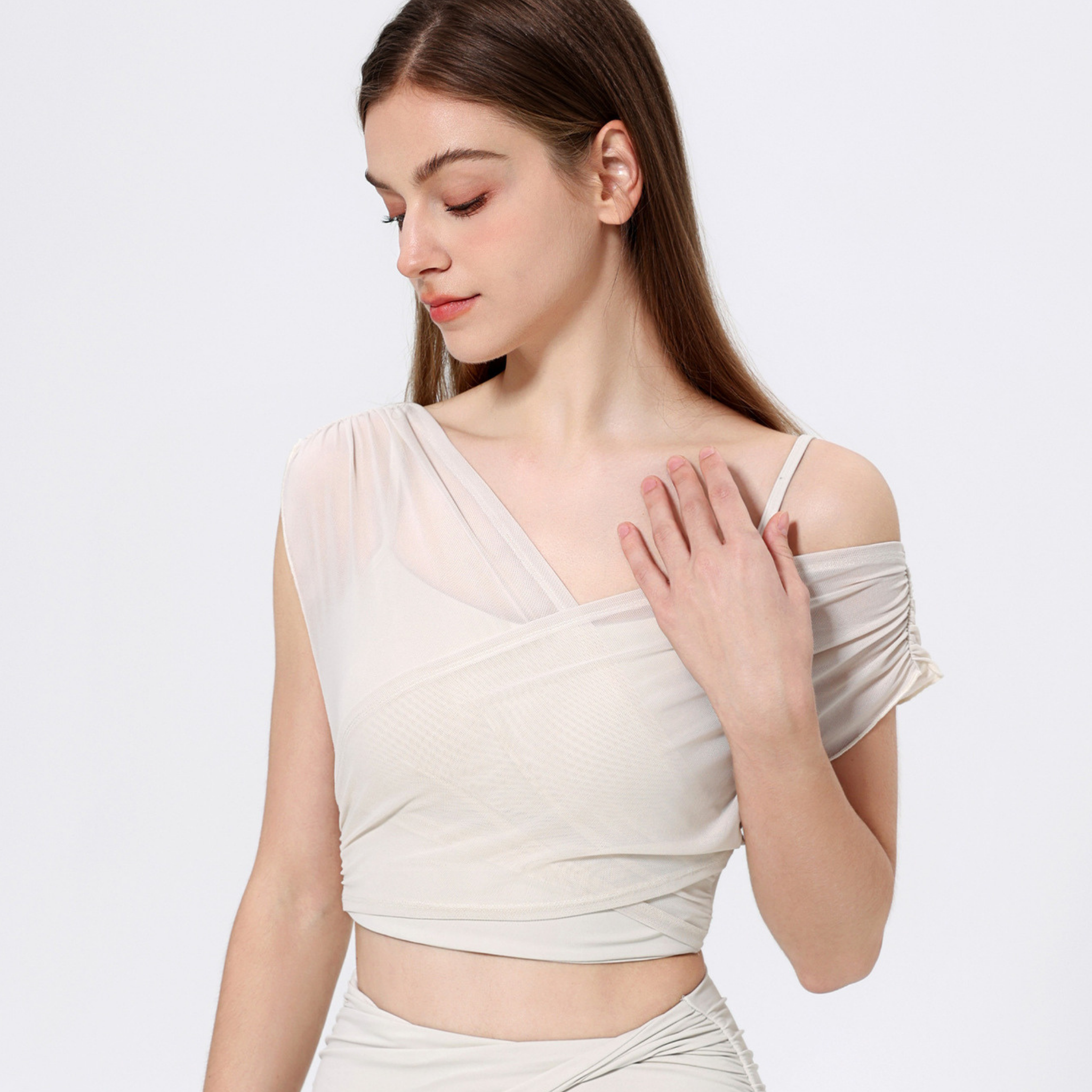 胸パッド付 メッシュフェイクツーピース 半袖 ヨガトップス