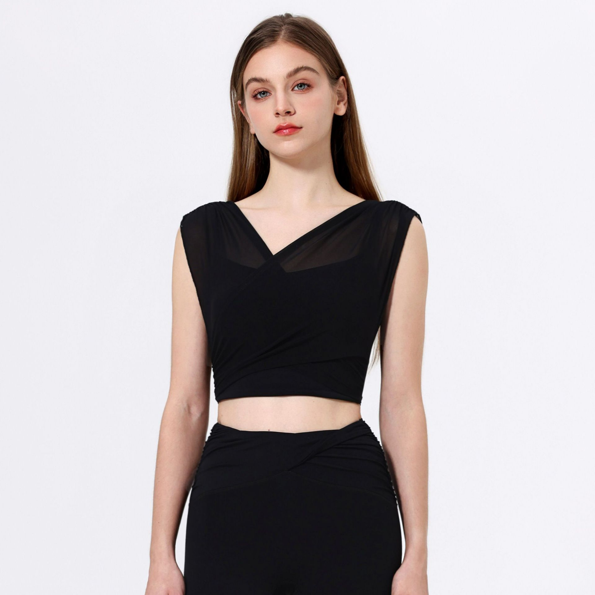 胸パッド付 メッシュフェイクツーピース 半袖 ヨガトップス