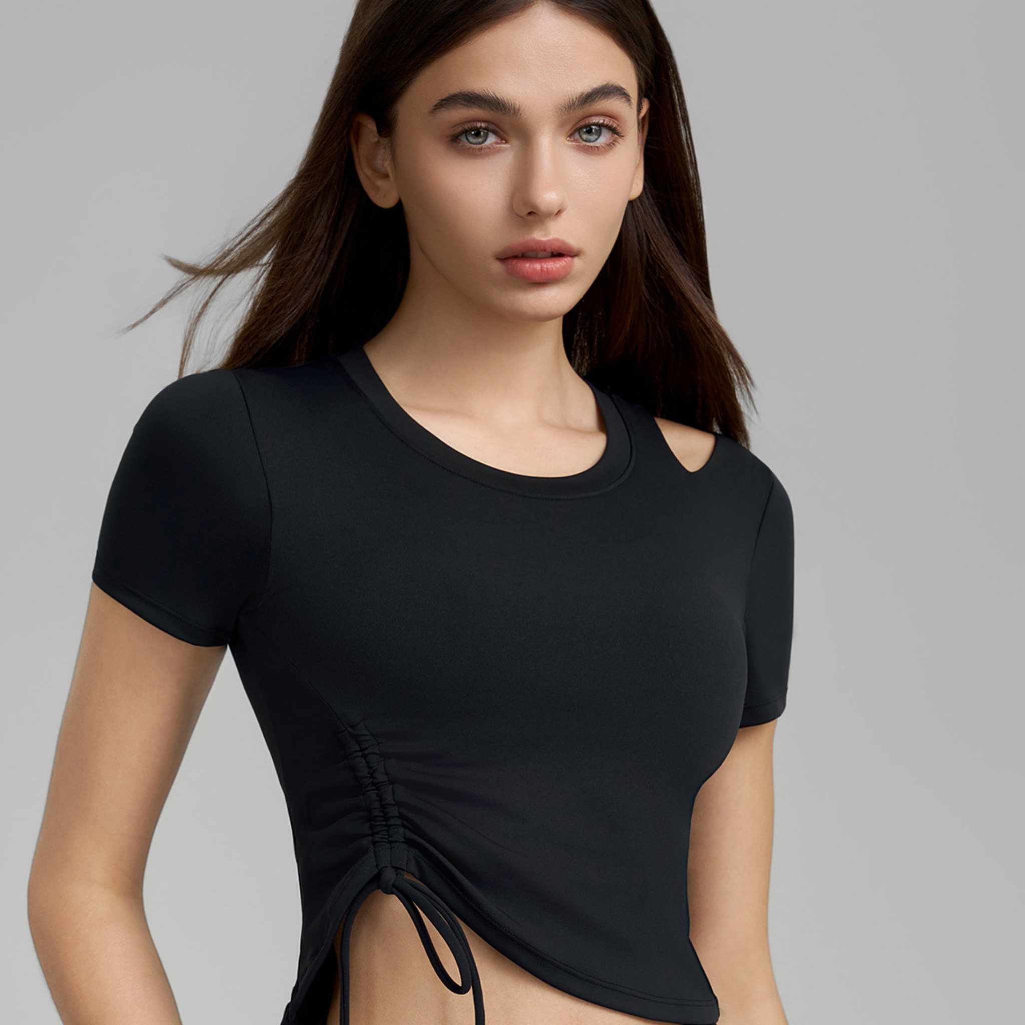 胸パッド付 ドローストリング クルーネック 半袖トップス