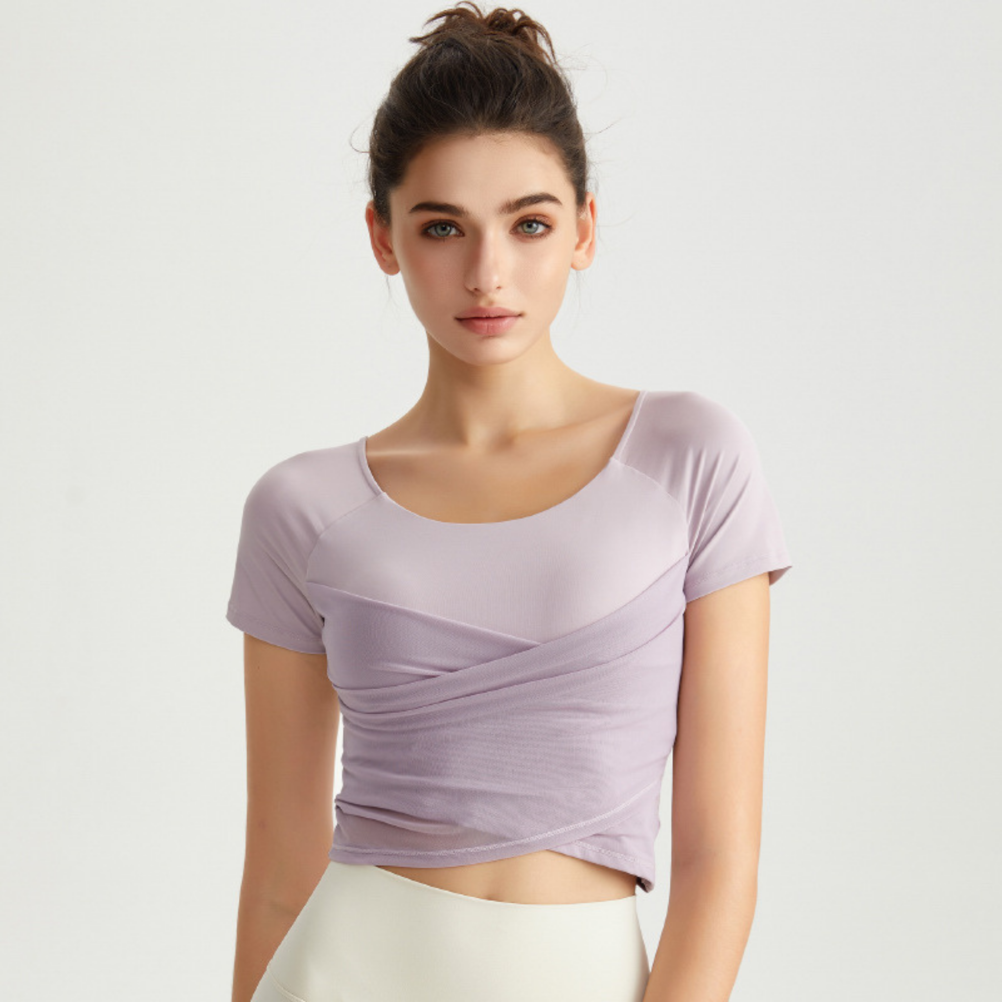 ラウンドネック クロスメッシュ ヨガトップス