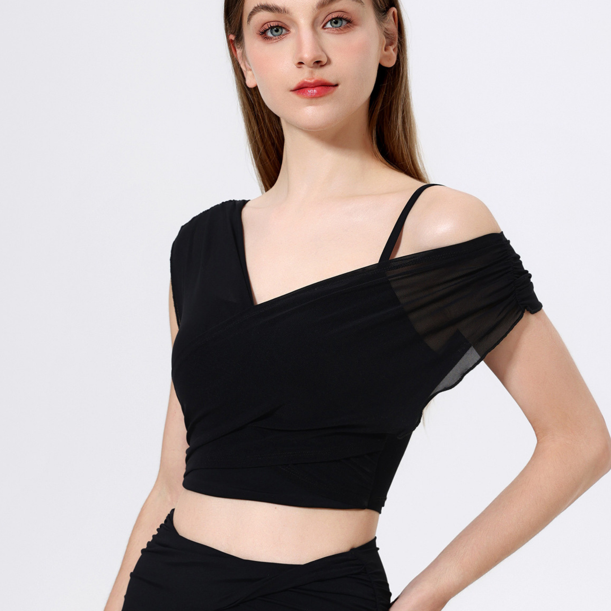 胸パッド付 メッシュフェイクツーピース 半袖 ヨガトップス