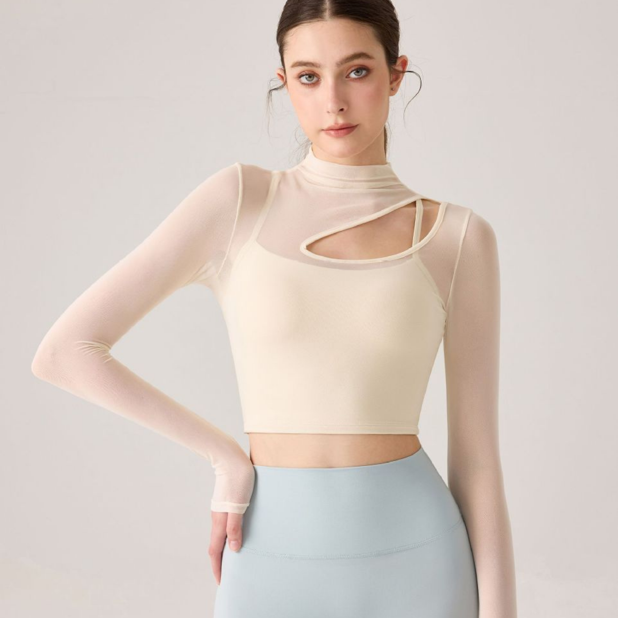 フロント切り替えデザイン メッシュ長袖トップス