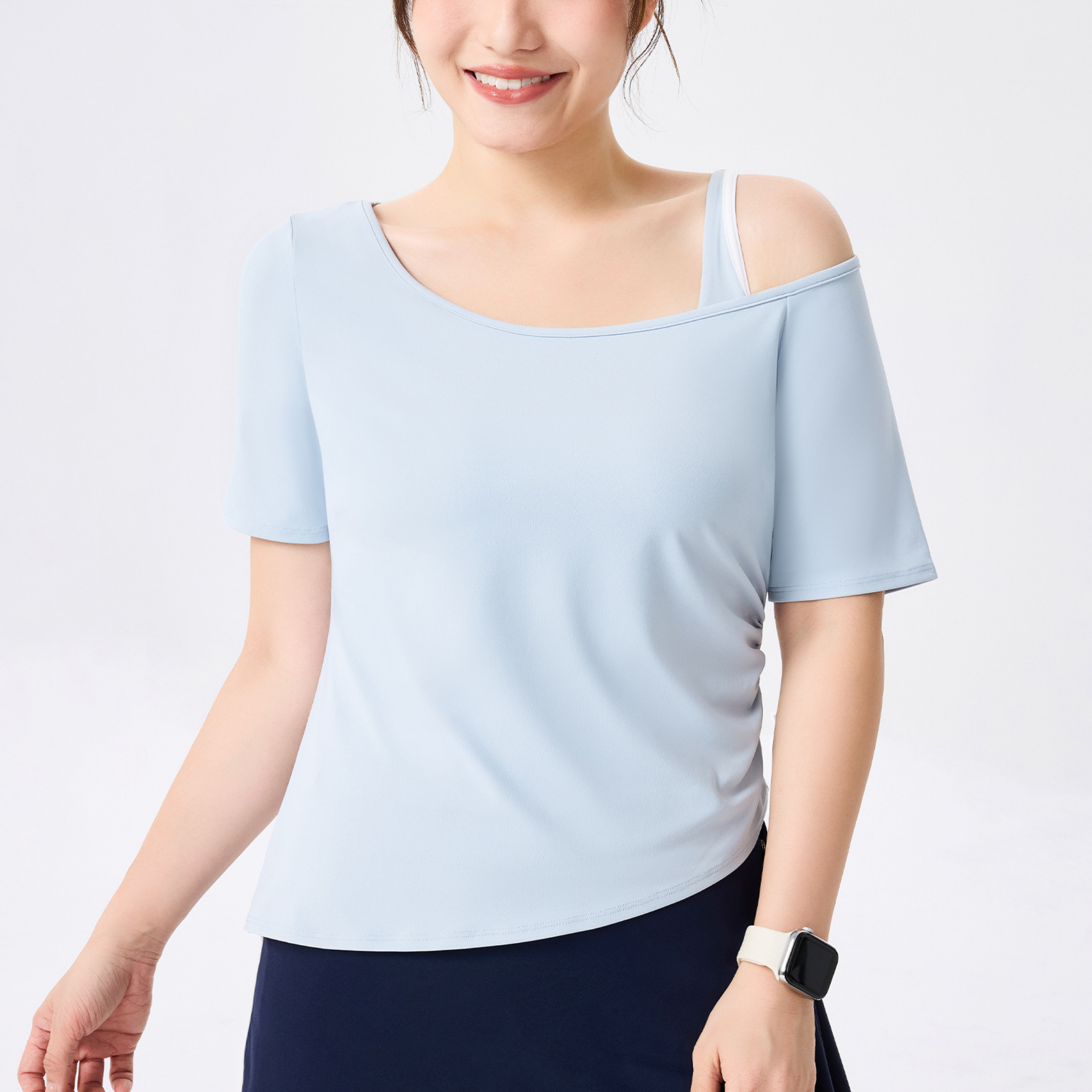 ショルダーレイヤード サイドウエストギャザー 半袖