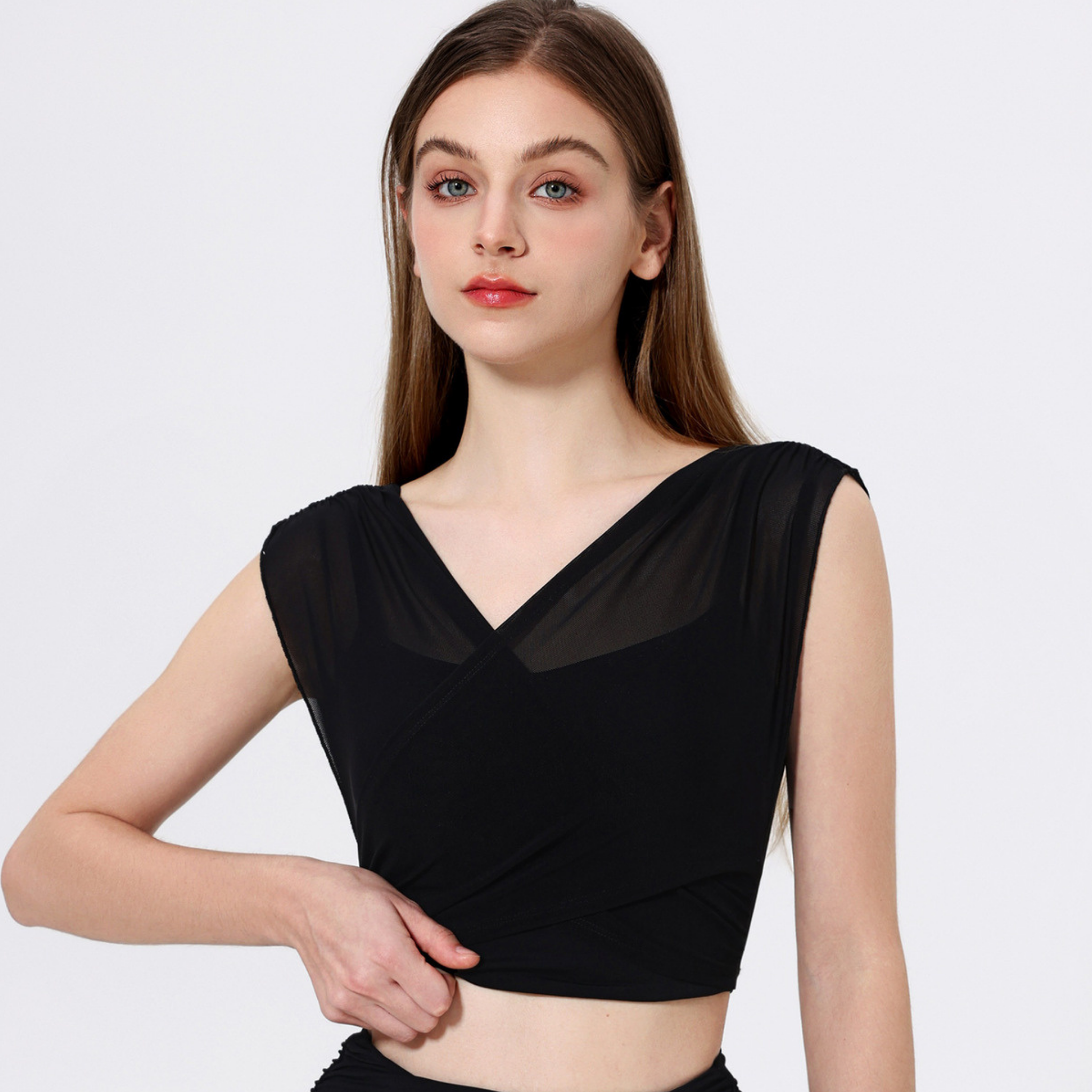 胸パッド付 メッシュフェイクツーピース 半袖 ヨガトップス