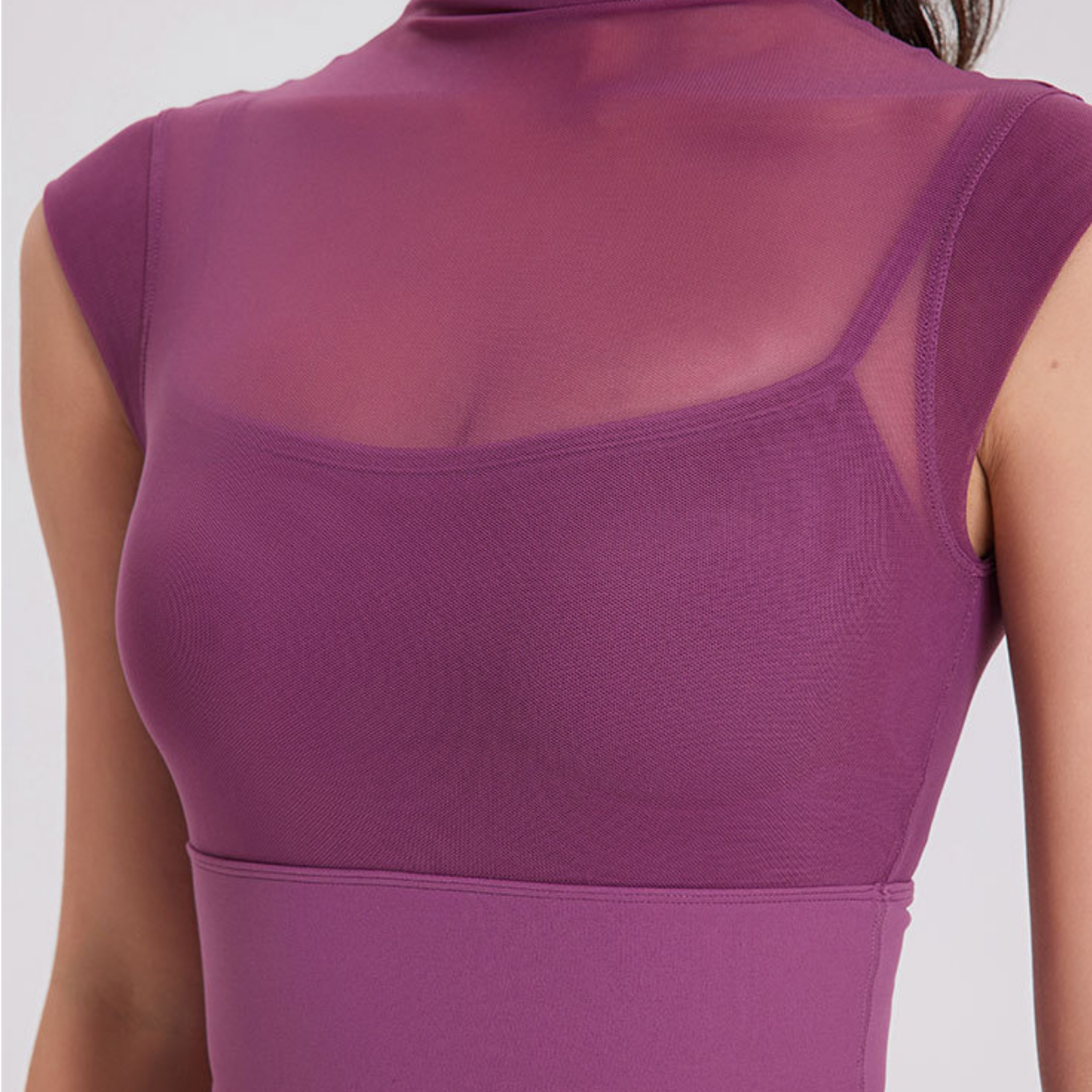 シースルー フェイクツーピース ハイネック スポーツブラ