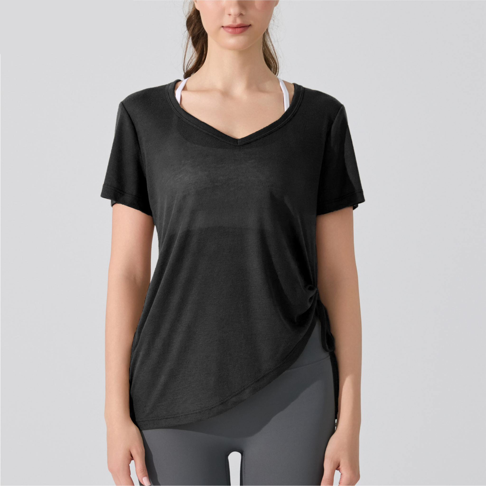 アシンメトリー ドローストリング ヨガ Tシャツ