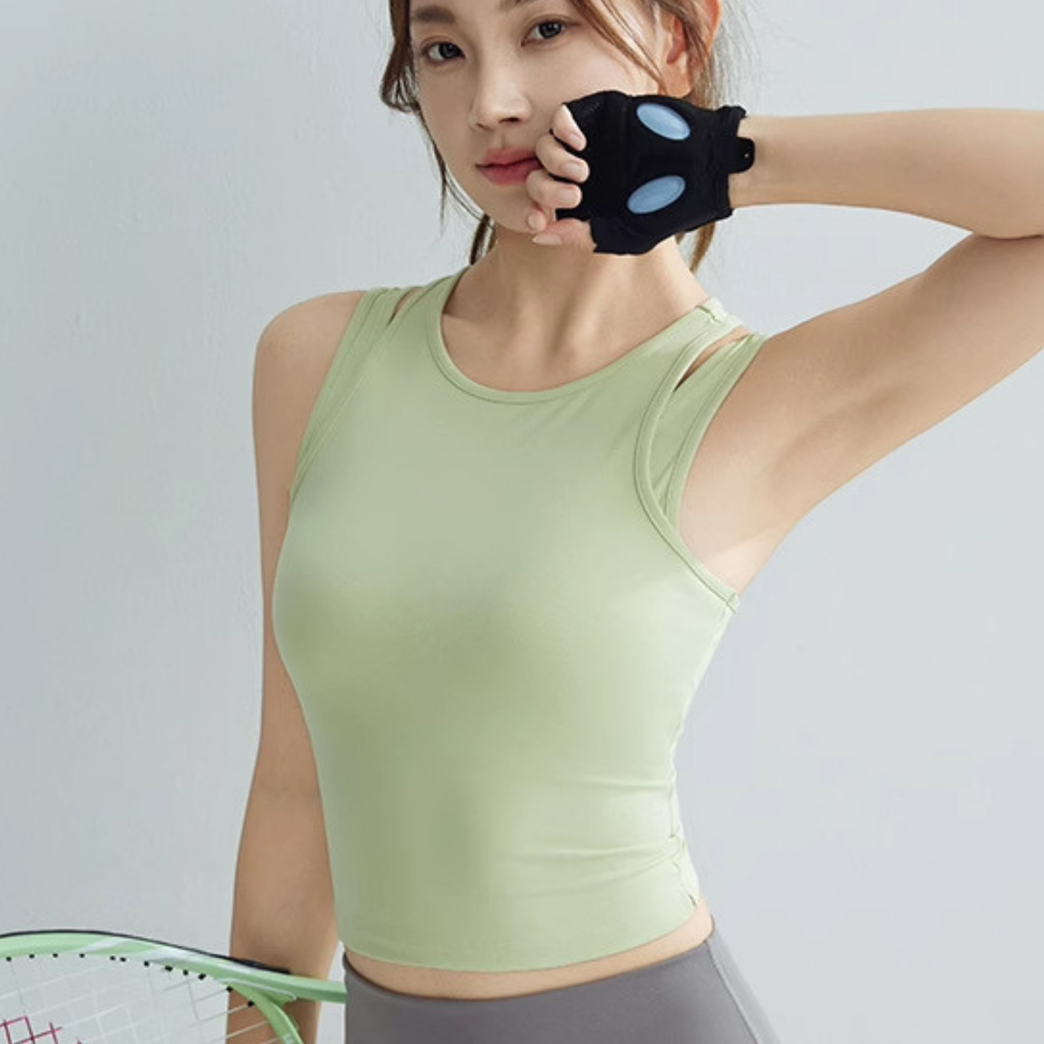 胸パッド付 フェイクツーピースストラップ タンクトップ