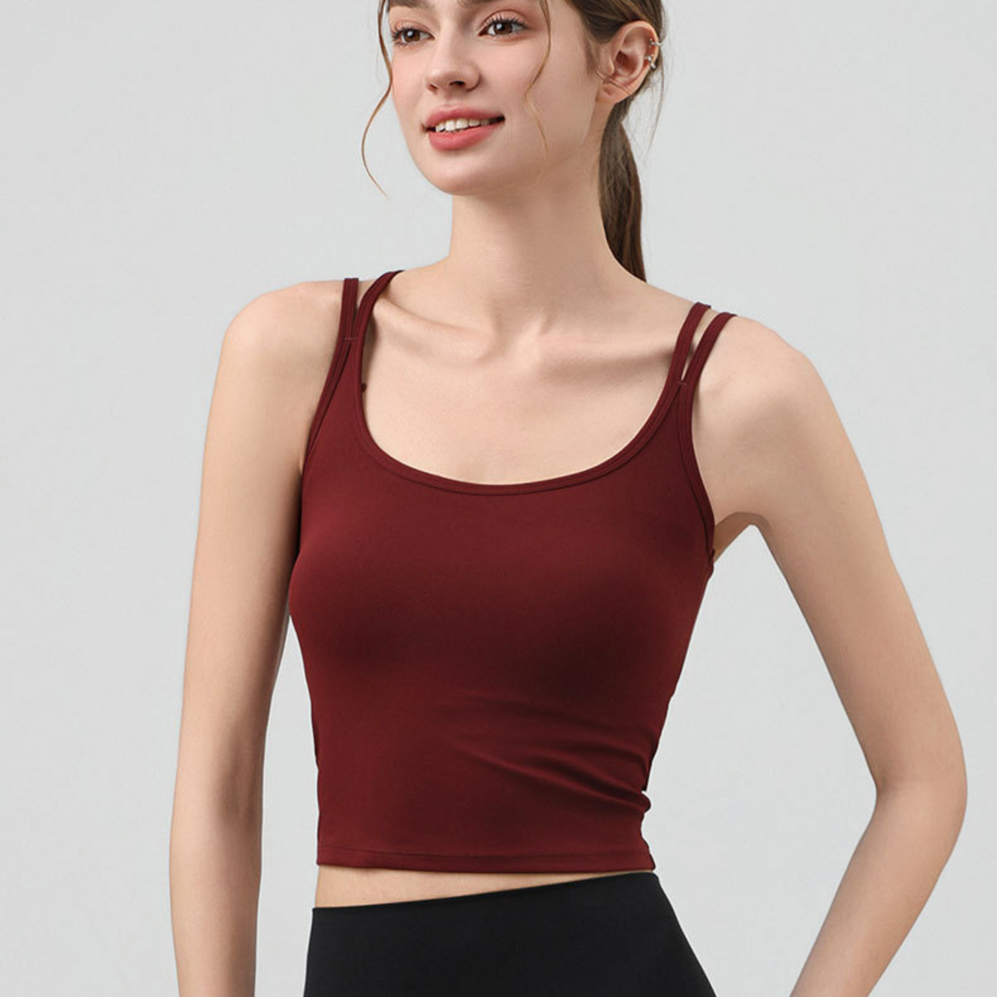 胸パッド付 ダブルストラップ スリムバックオープン ブラトップ