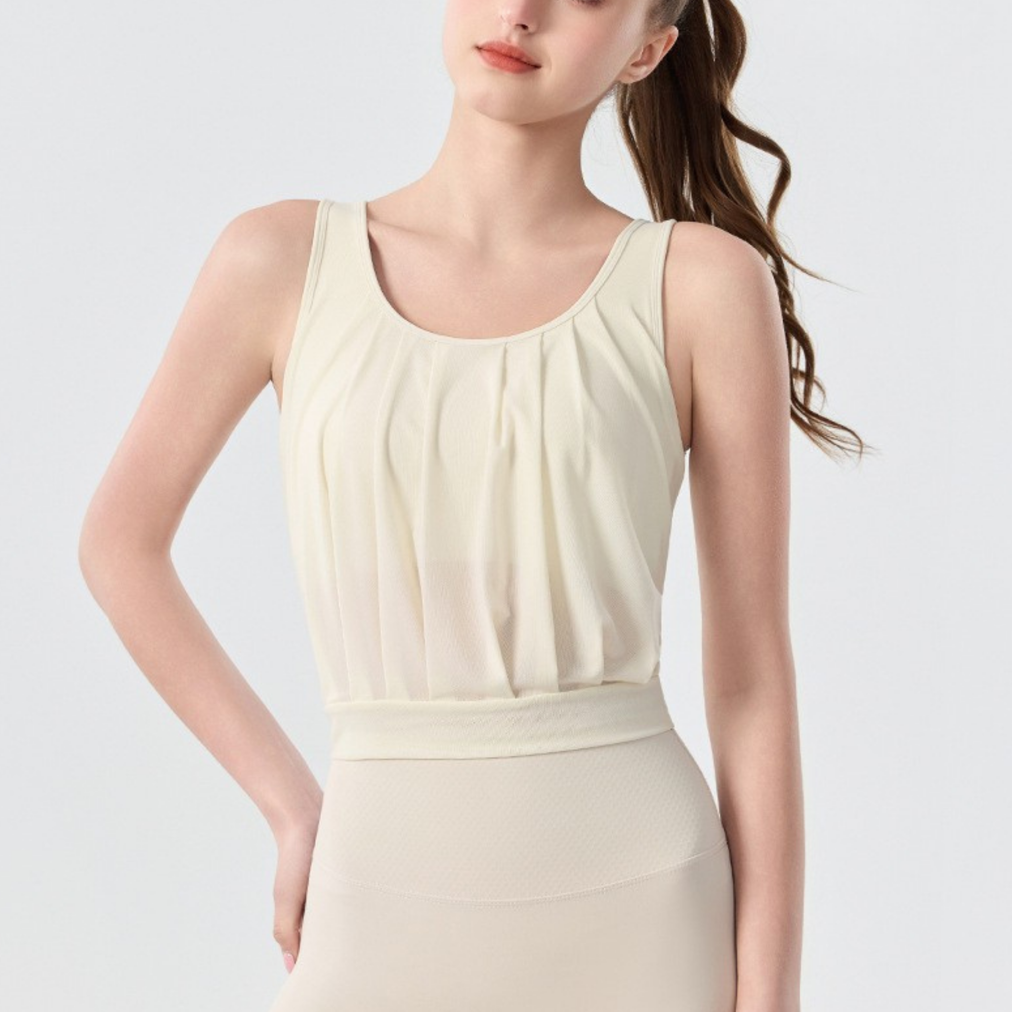 Uネック プリーツメッシュ タンクトップ