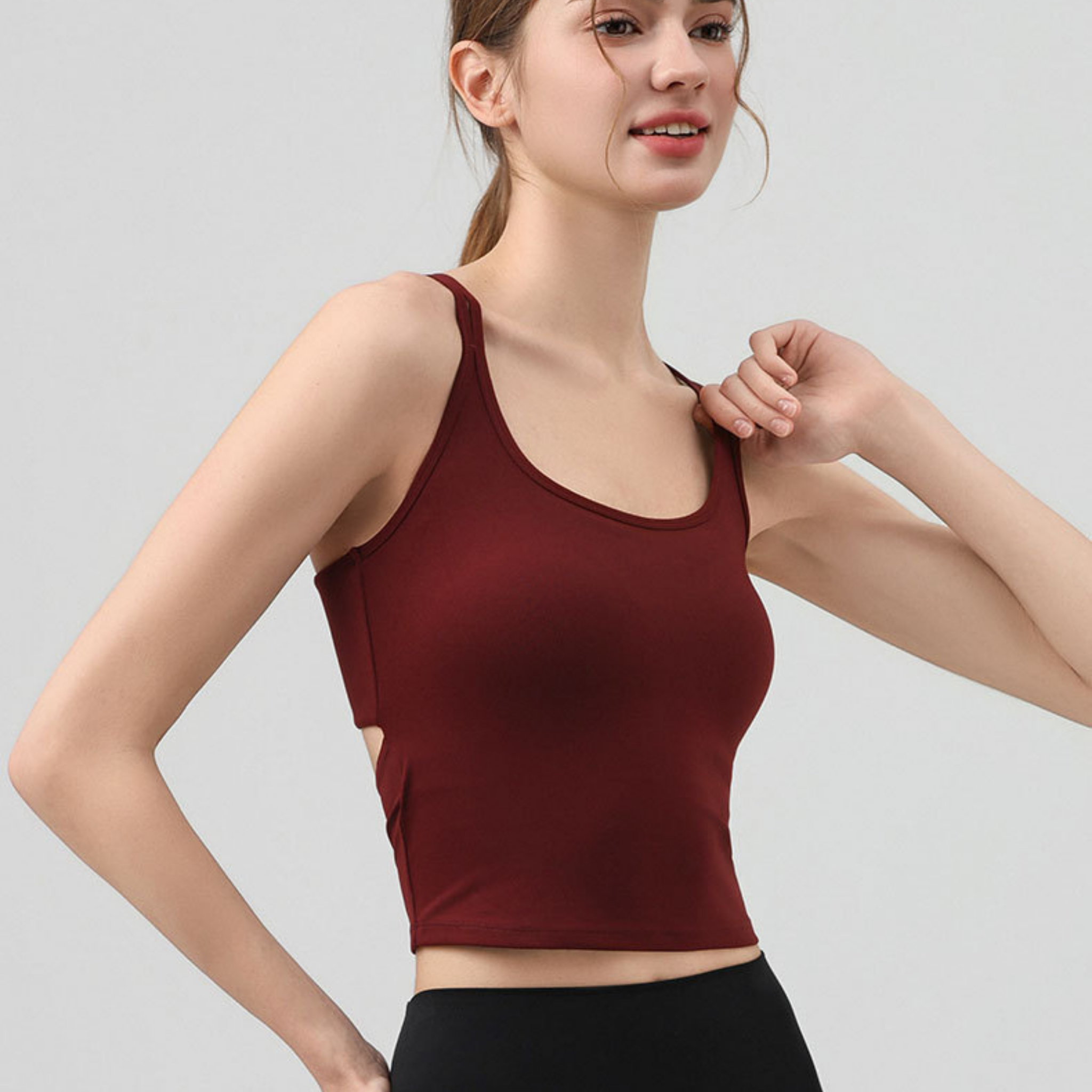 胸パッド付 ダブルストラップ スリムバックオープン ブラトップ