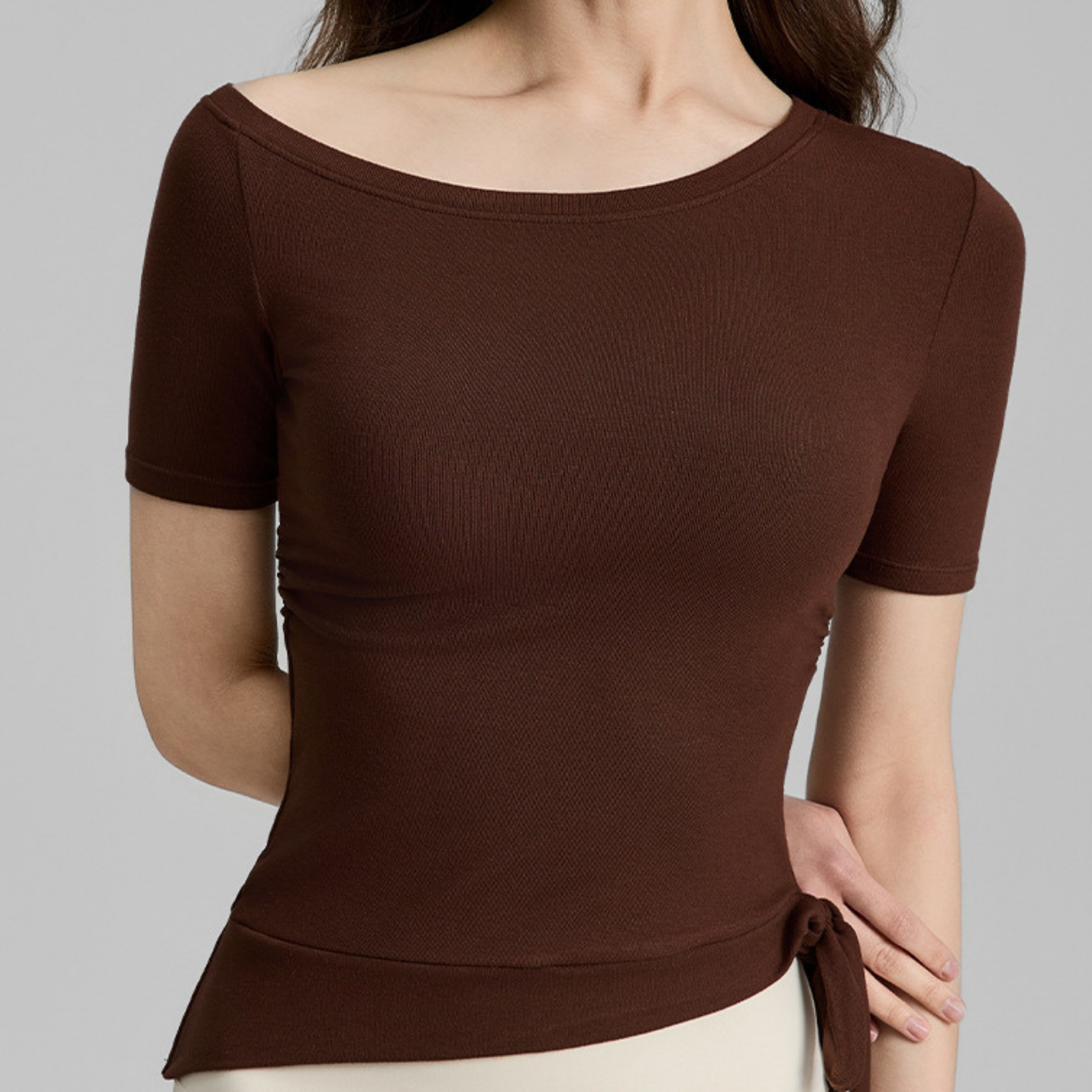 オフショルダー リブ編み 半袖トップス