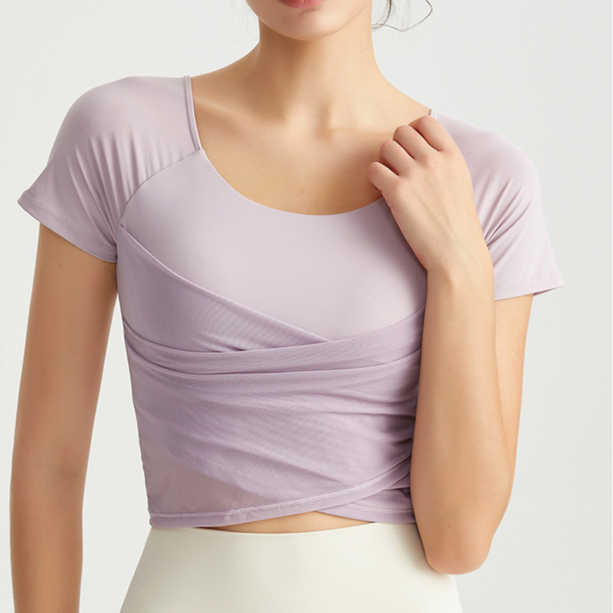 ラウンドネック クロスメッシュ ヨガトップス