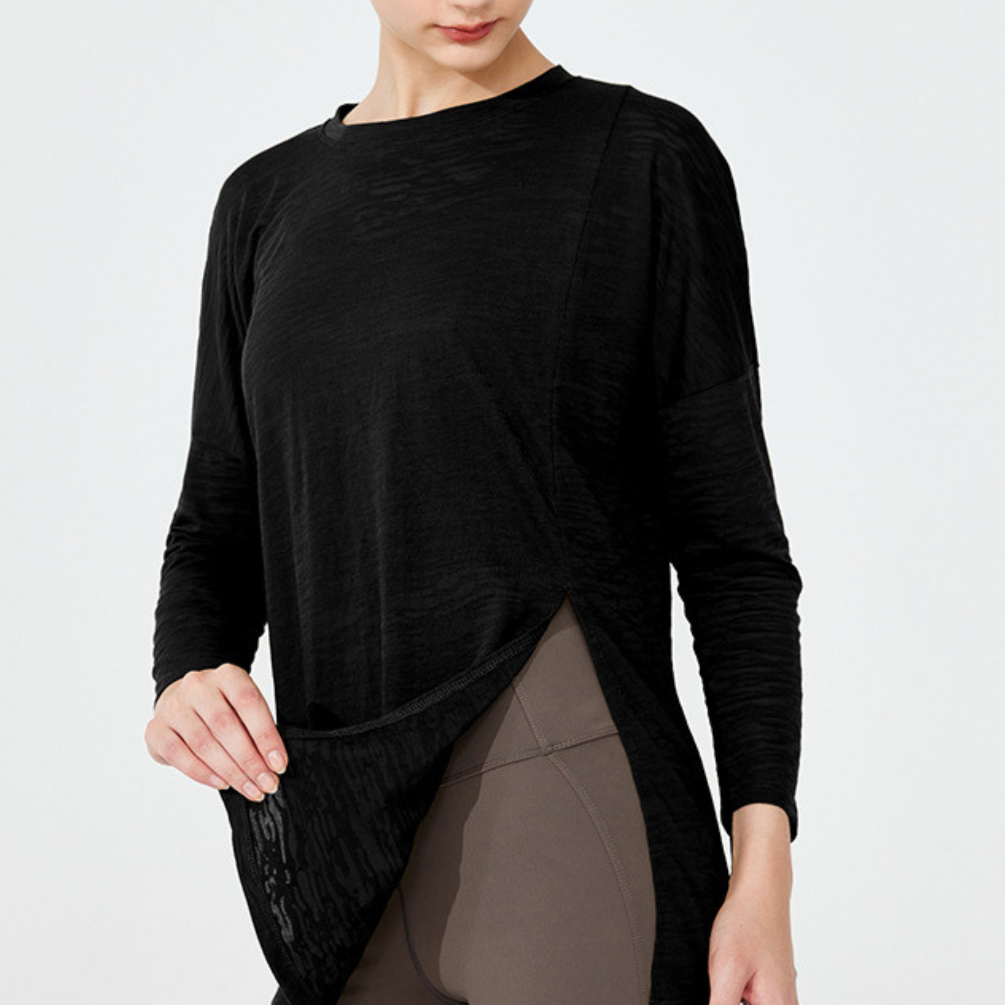 ルーズフィット サイドスリット ヨガ 長袖トップス