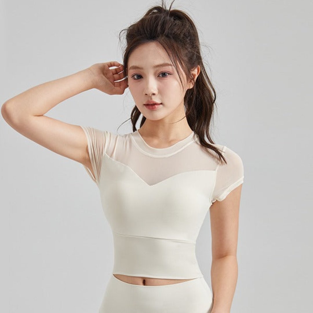 シースルーメッシュ 一体型カップ付き 半袖ブラキャミ