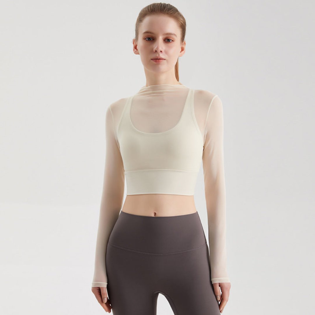 一体型カップ付き フェイクツーピース長袖 フィットネスウェア