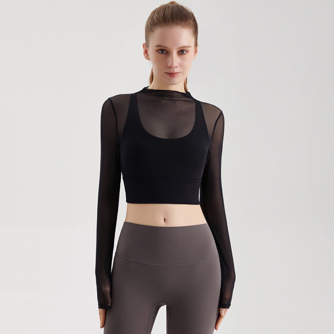一体型カップ付き フェイクツーピース長袖 フィットネスウェア