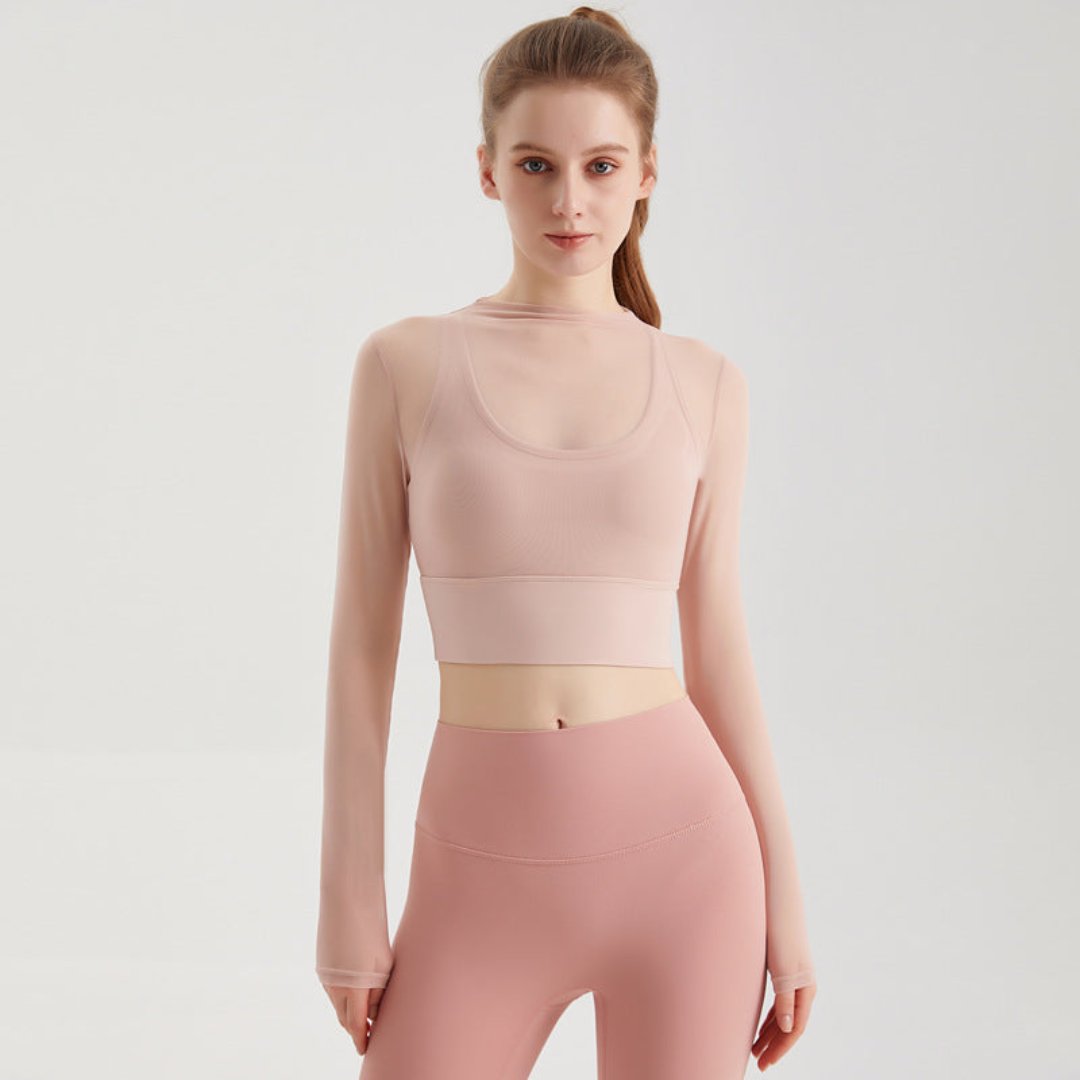 一体型カップ付き フェイクツーピース長袖 フィットネスウェア