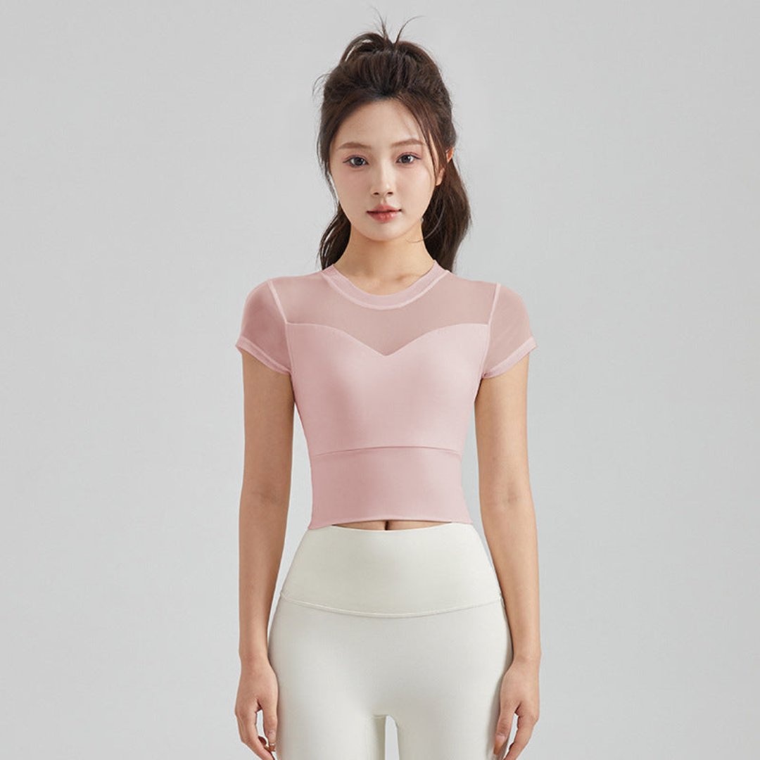 シースルーメッシュ 一体型カップ付き 半袖ブラキャミ