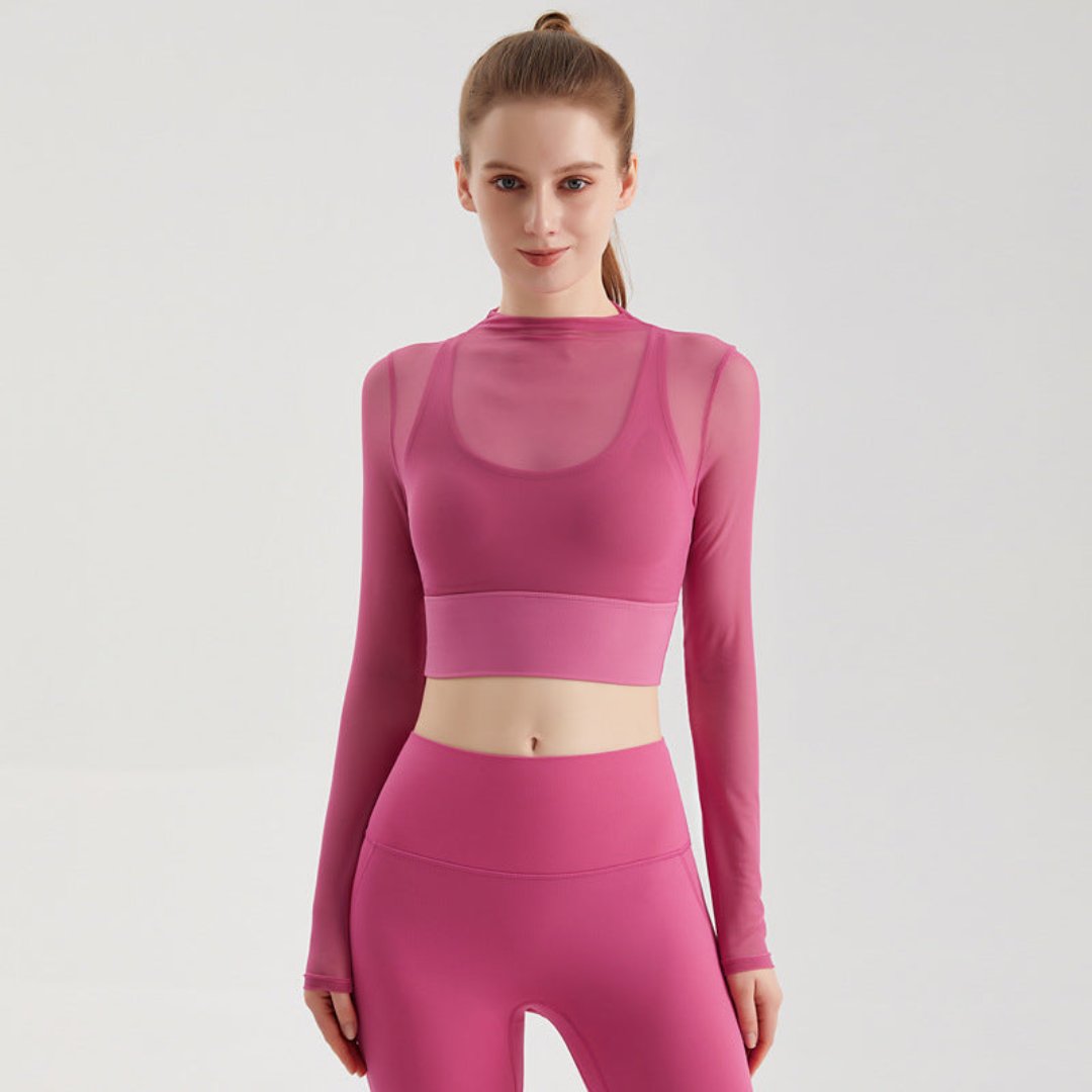 一体型カップ付き フェイクツーピース長袖 フィットネスウェア
