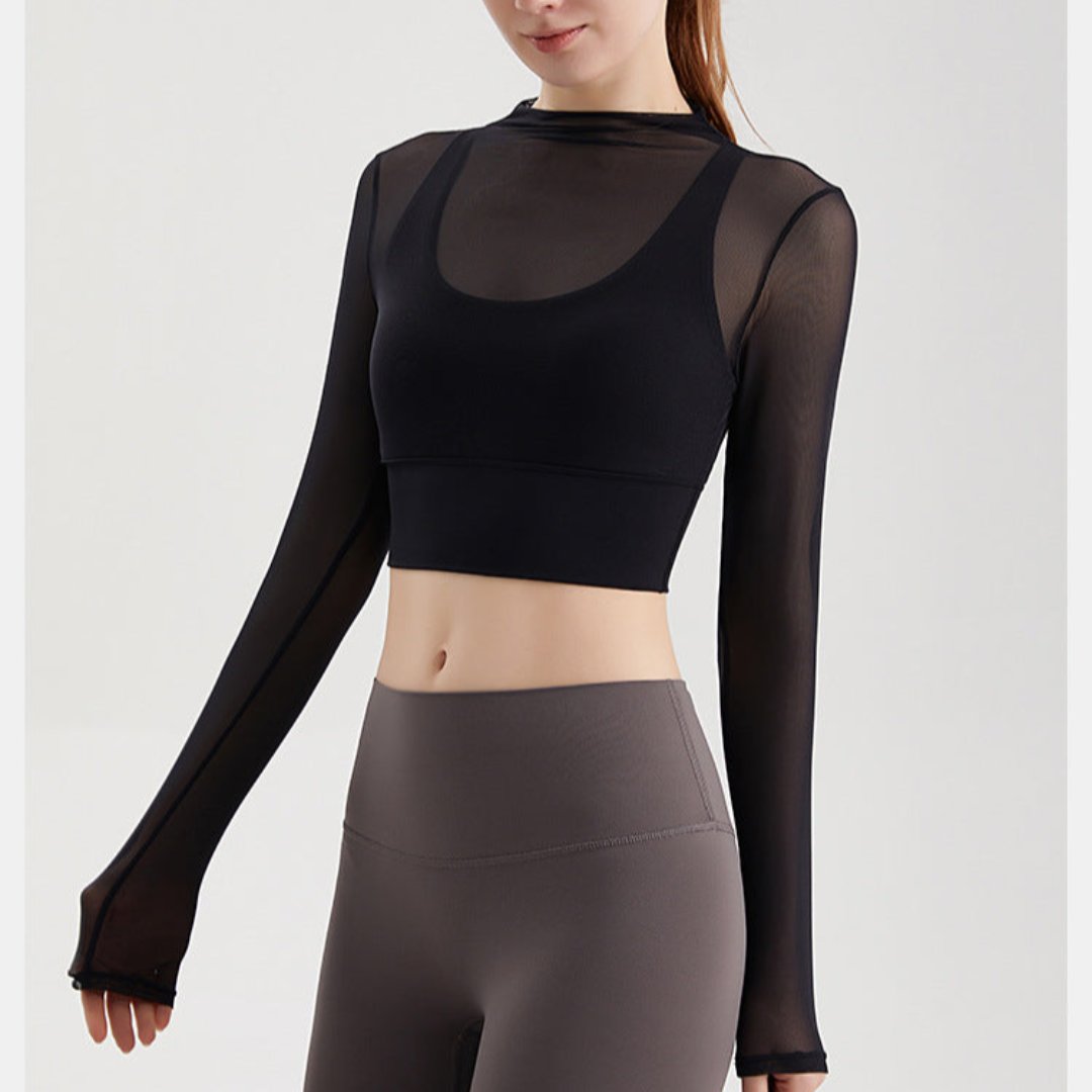 一体型カップ付き フェイクツーピース長袖 フィットネスウェア
