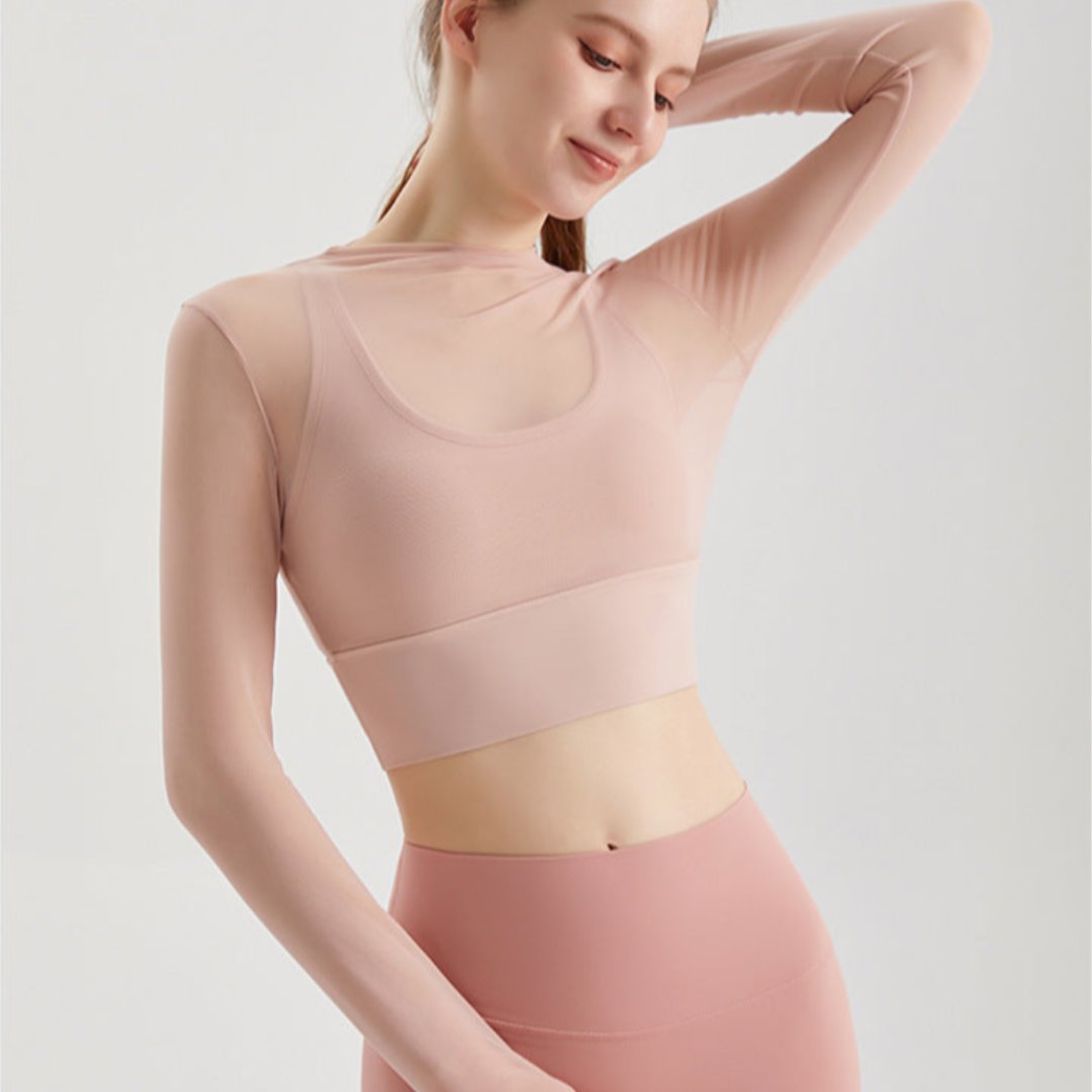 一体型カップ付き フェイクツーピース長袖 フィットネスウェア