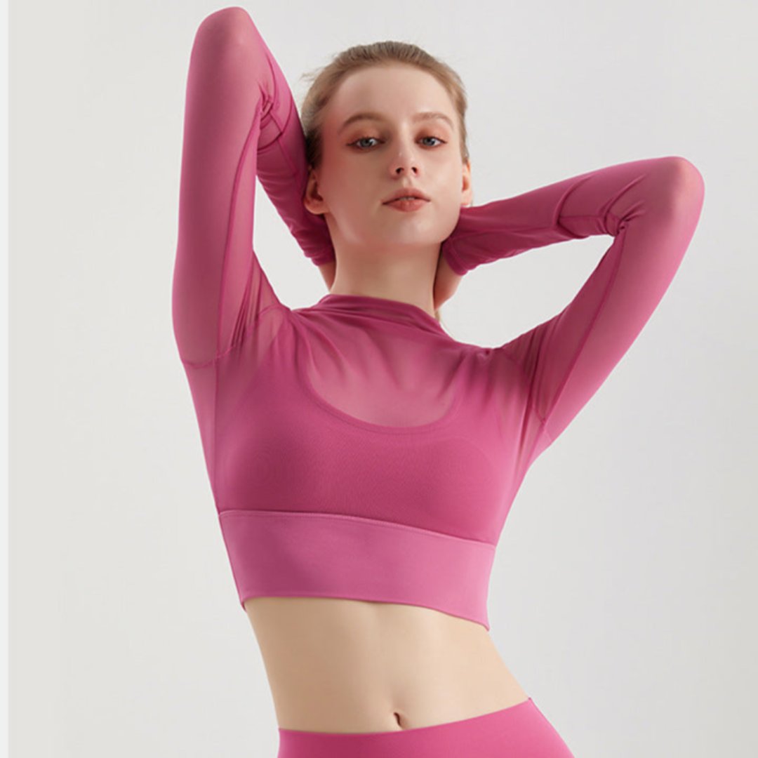 一体型カップ付き フェイクツーピース長袖 フィットネスウェア