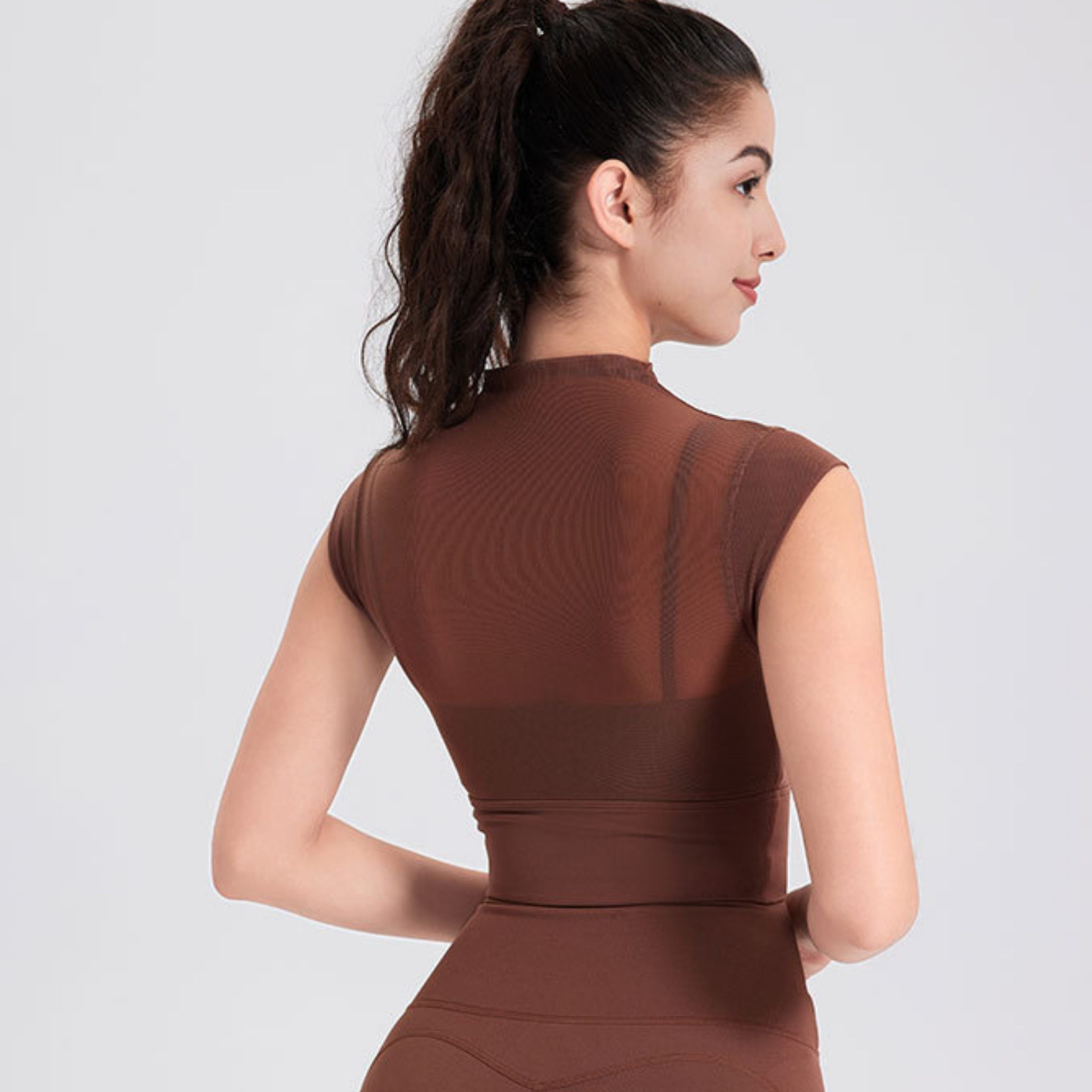 シースルー　フェイクツーピース　ハイネック　スポーツブラ