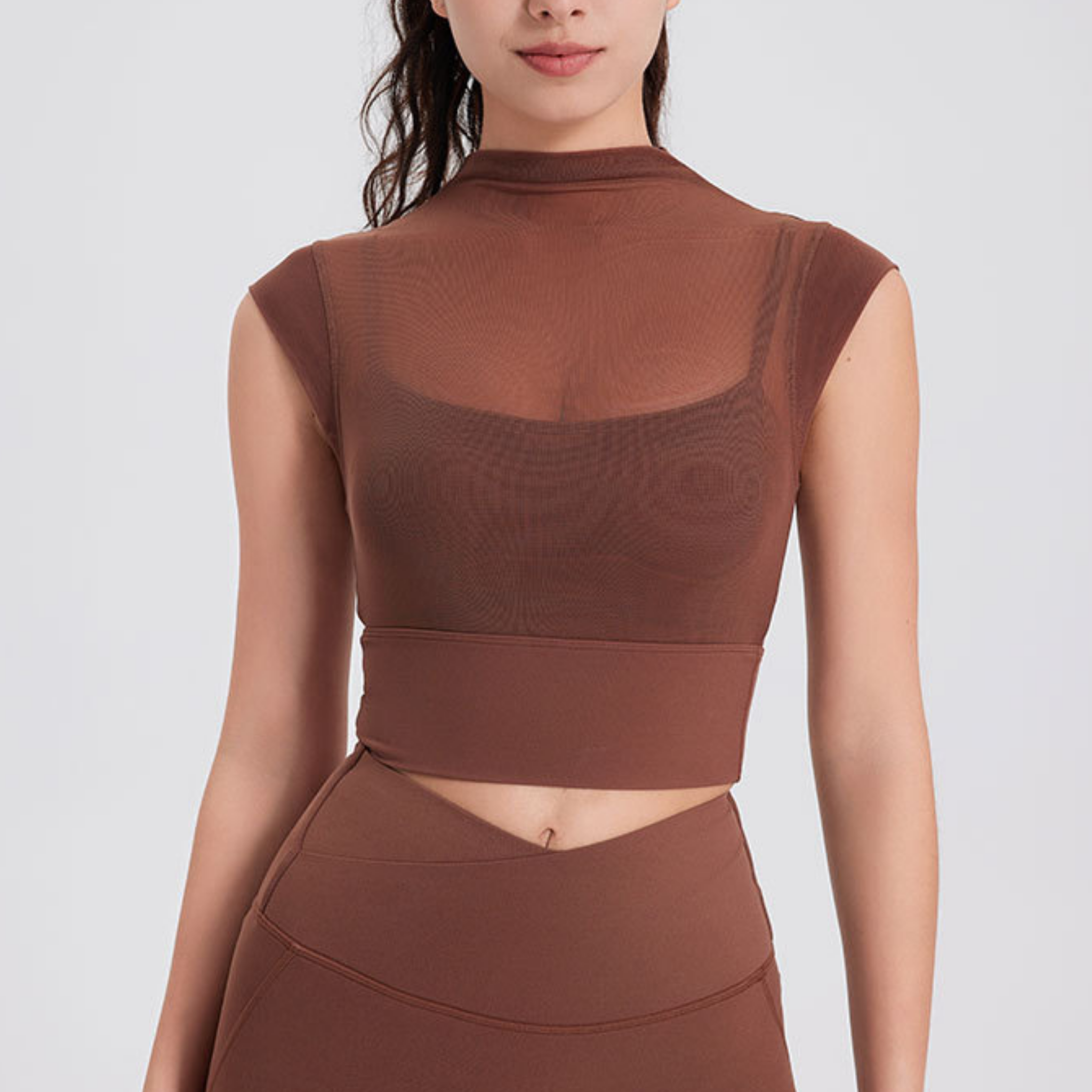 シースルー　フェイクツーピース　ハイネック　スポーツブラ