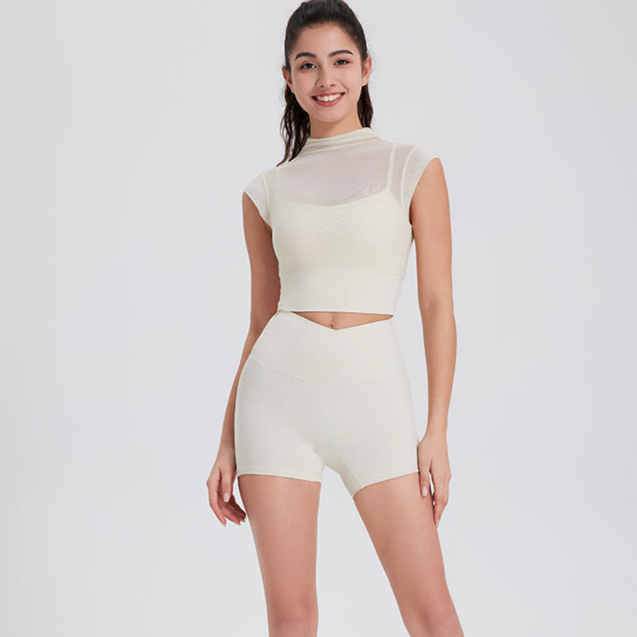 シースルー　フェイクツーピース　ハイネック　スポーツブラ