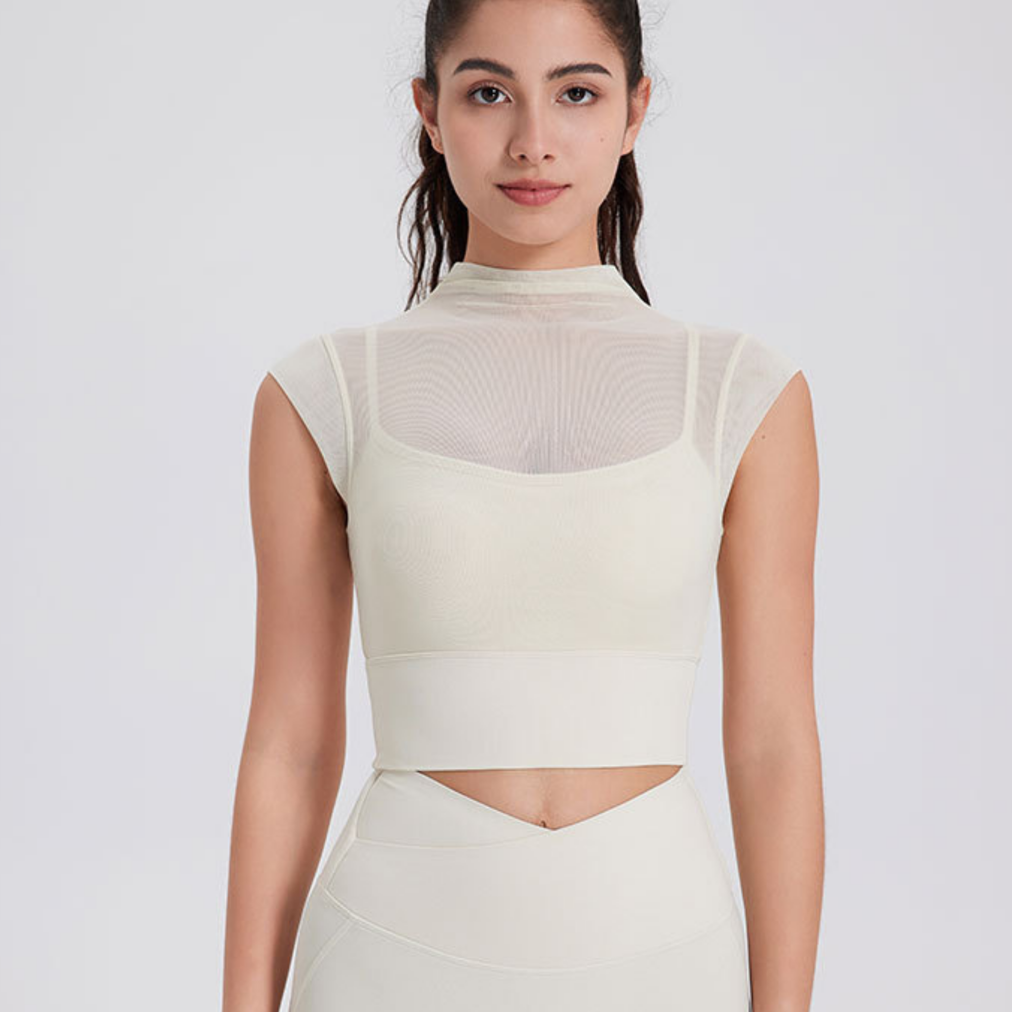 シースルー　フェイクツーピース　ハイネック　スポーツブラ