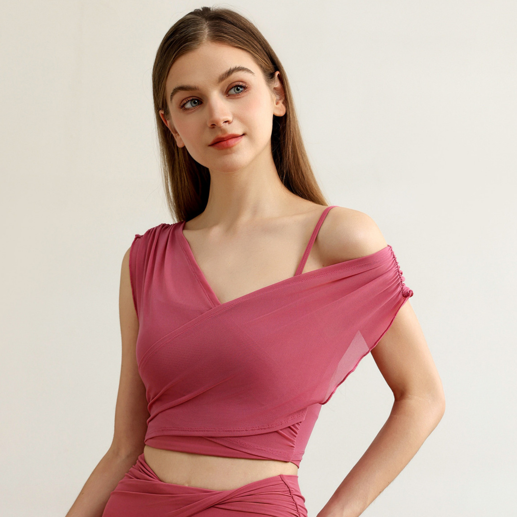 胸パッド付　メッシュフェイクツーピース　半袖　ヨガトップス